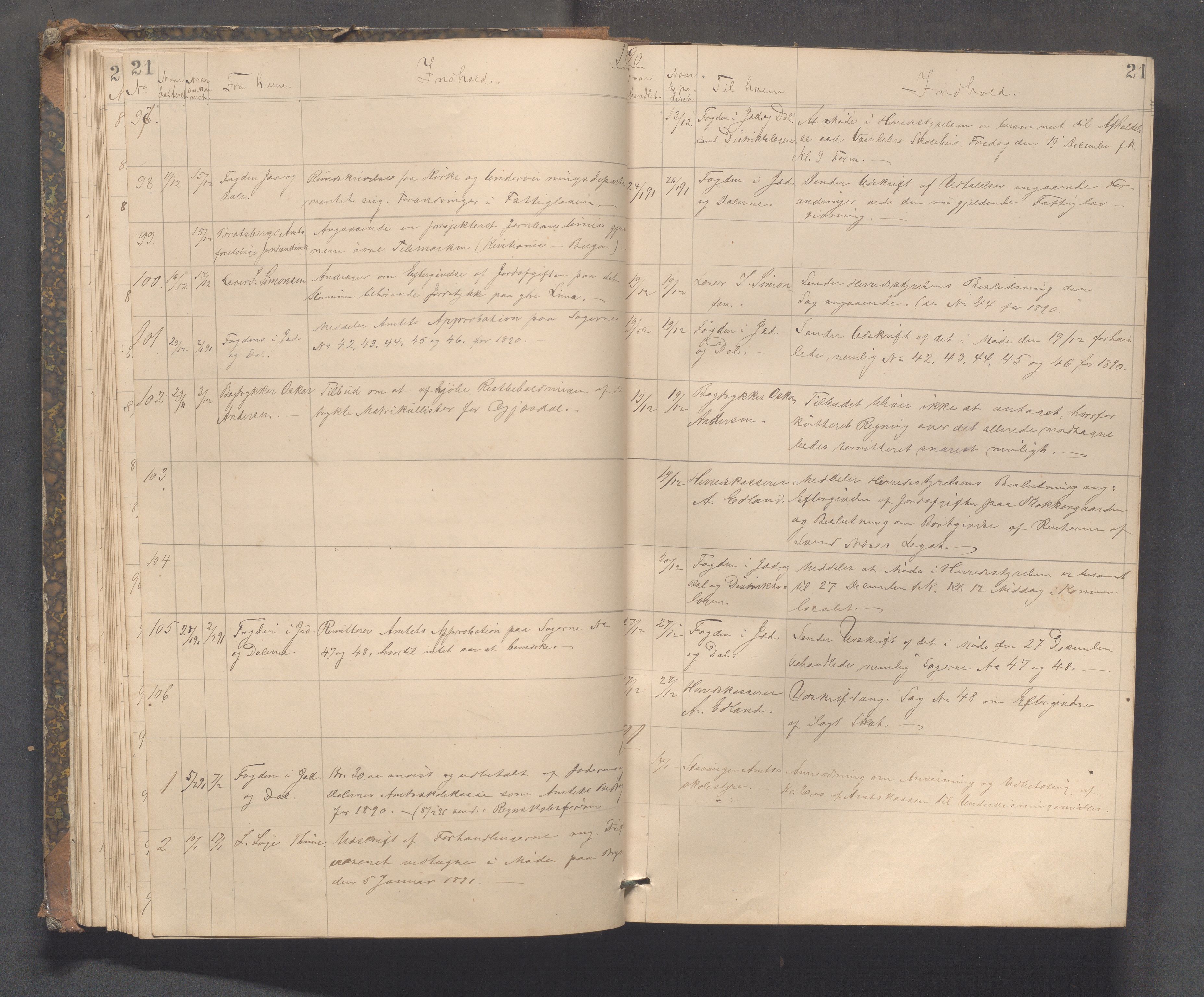 Gjesdal kommune - Formannskapet, IKAR/K-101383/C/Ca/L0002: Brevjournal, 1881-1899, s. 21