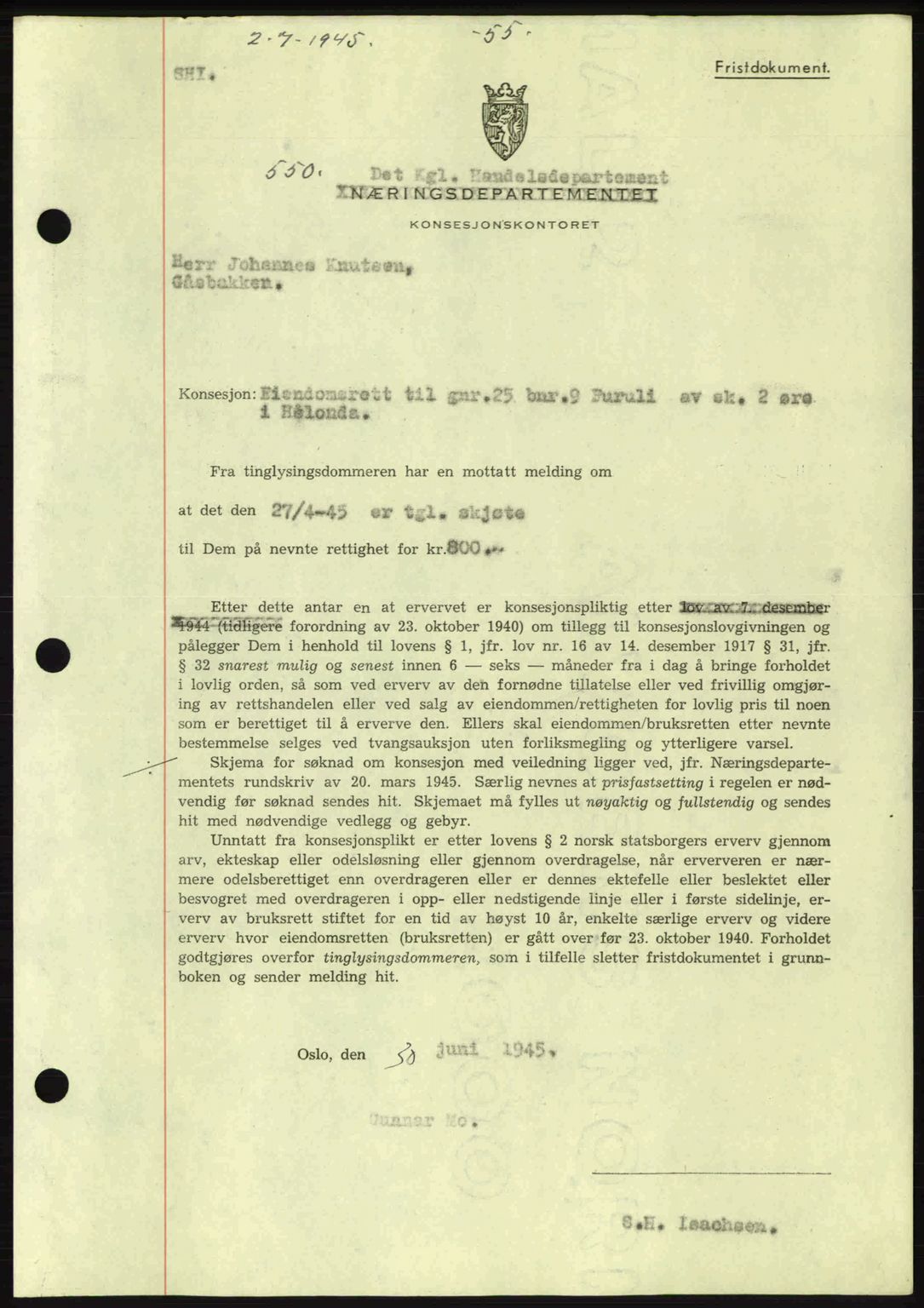 Gauldal sorenskriveri, SAT/A-0014/1/2/2C: Pantebok nr. A1a, 1945-1945, Dagboknr: 550/1945