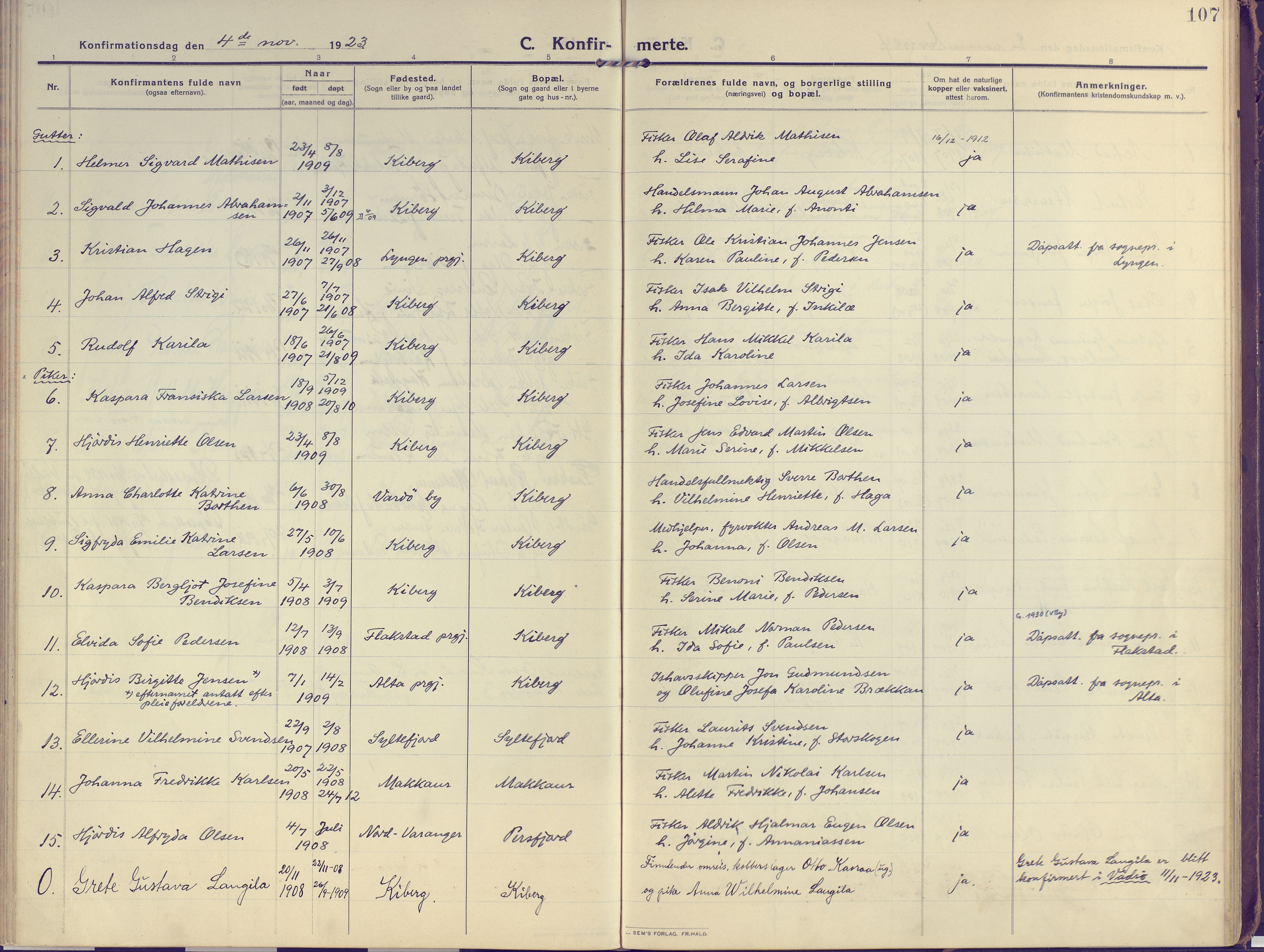 Vardø sokneprestkontor, AV/SATØ-S-1332/H/Ha/L0013kirke: Ministerialbok nr. 13, 1912-1928, s. 107