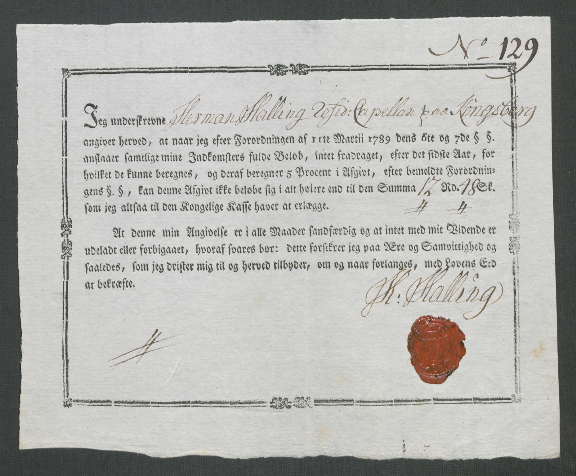 Rentekammeret inntil 1814, Reviderte regnskaper, Mindre regnskaper, AV/RA-EA-4068/Rf/Rfe/L0019: Jæren og Dalane fogderi, Kongsberg, 1789, s. 337