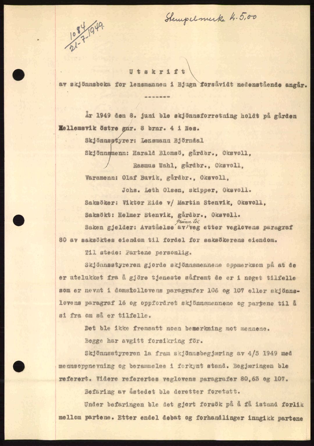 Fosen sorenskriveri, AV/SAT-A-1107/1/2/2C: Pantebok nr. A9, 1948-1949, Dagboknr: 1084/1949