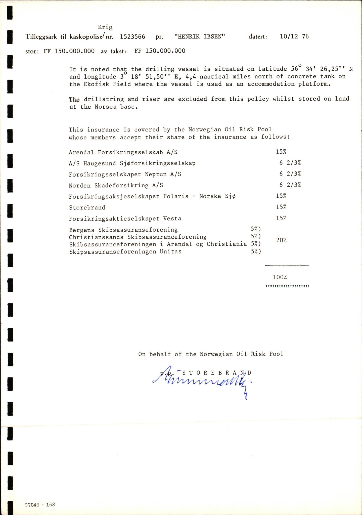 Pa 1503 - Stavanger Drilling AS, AV/SAST-A-101906/2/E/Ec/Eca/L0009: Forsikring, 1975-1980