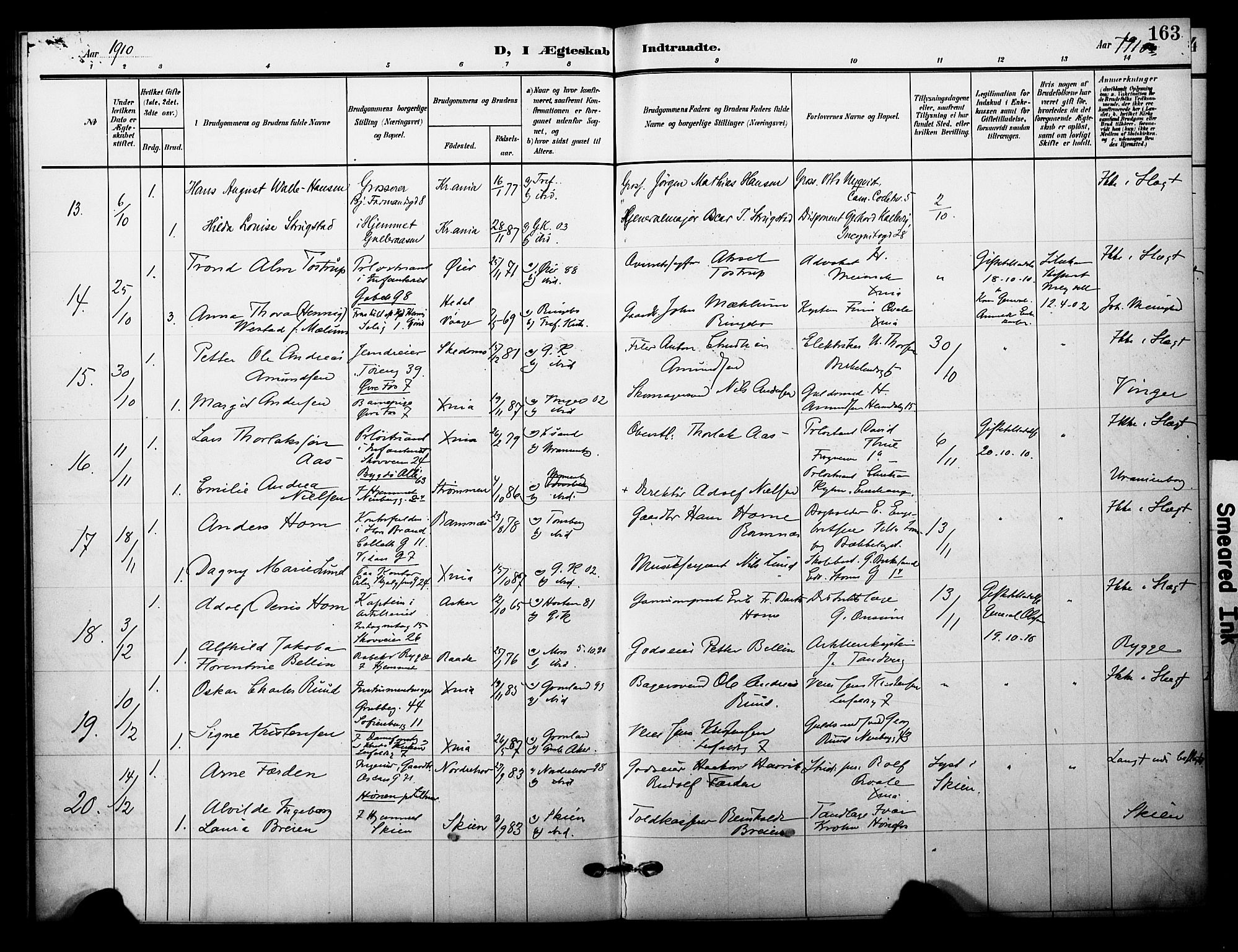 Garnisonsmenigheten Kirkebøker, AV/SAO-A-10846/F/Fa/L0014: Ministerialbok nr. 14, 1905-1914, s. 163