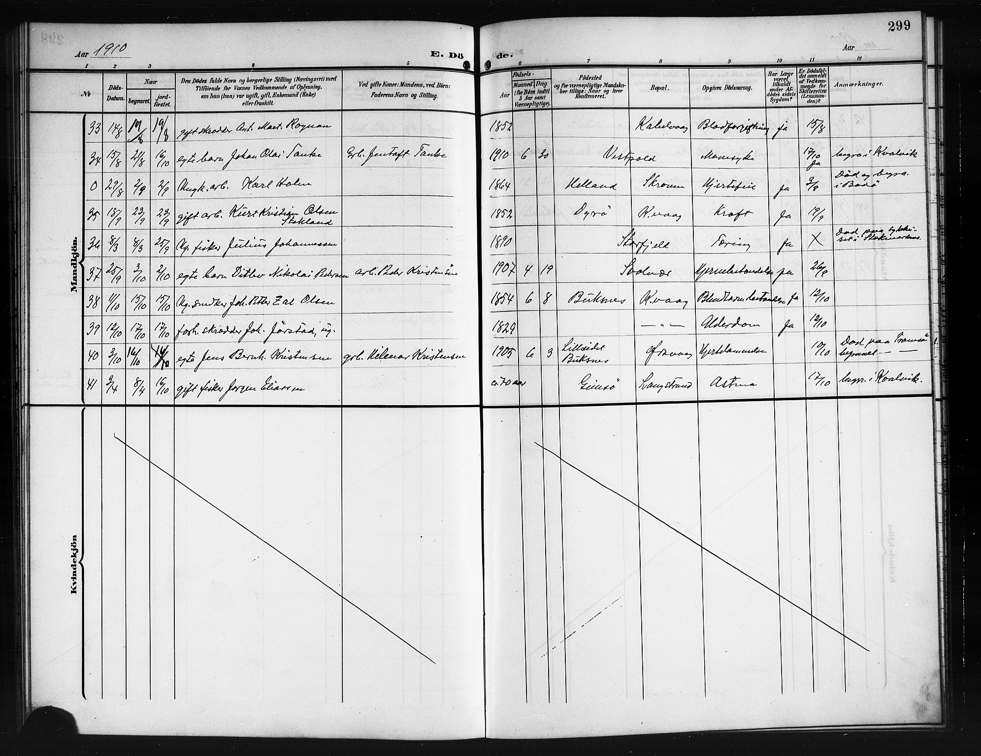 Ministerialprotokoller, klokkerbøker og fødselsregistre - Nordland, SAT/A-1459/874/L1079: Klokkerbok nr. 874C08, 1907-1915, s. 299