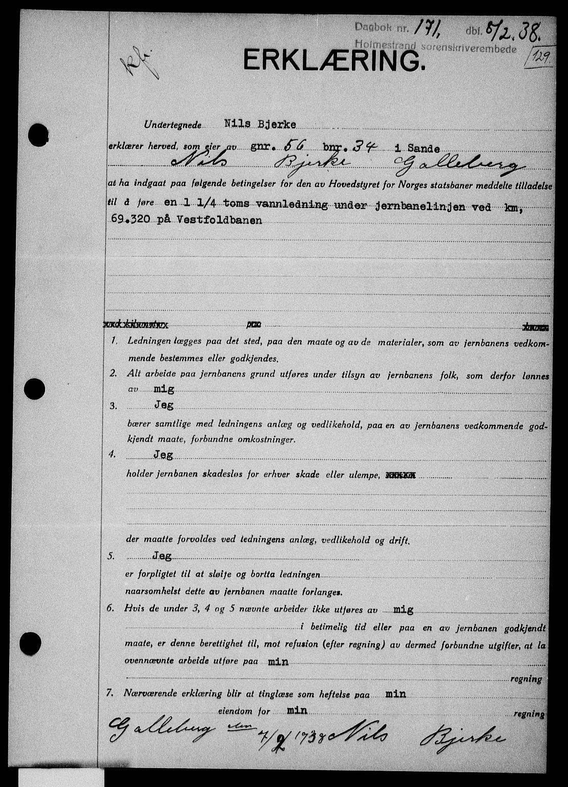 Holmestrand sorenskriveri, SAKO/A-67/G/Ga/Gaa/L0049: Pantebok nr. A-49, 1937-1938, Dagboknr: 171/1938