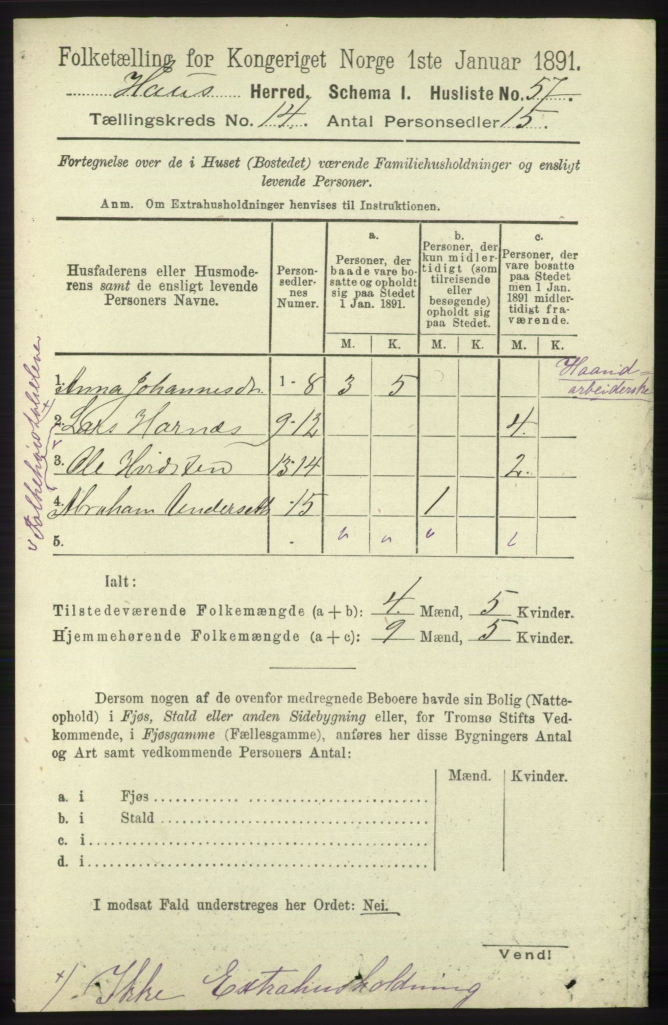 RA, Folketelling 1891 for 1250 Haus herred, 1891, s. 5865