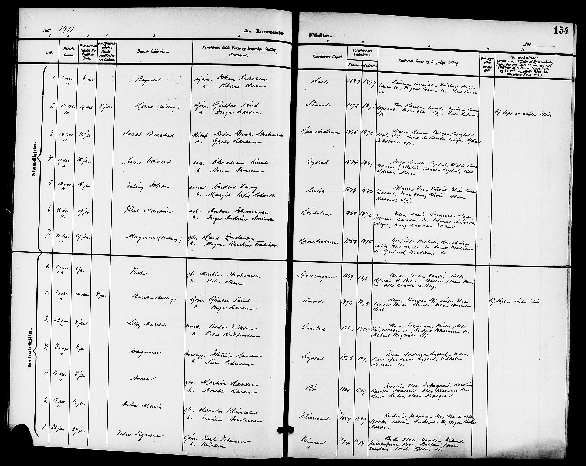 Sandar kirkebøker, AV/SAKO-A-243/G/Ga/L0002: Klokkerbok nr. 2, 1900-1915, s. 154