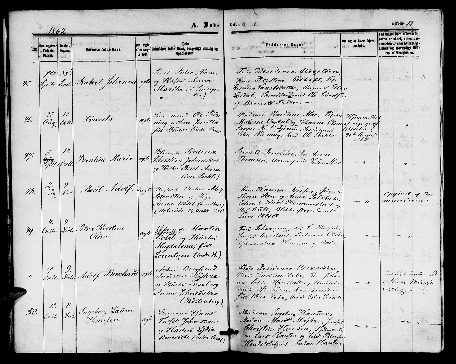 Ministerialprotokoller, klokkerbøker og fødselsregistre - Sør-Trøndelag, SAT/A-1456/604/L0185: Ministerialbok nr. 604A06, 1861-1865, s. 17