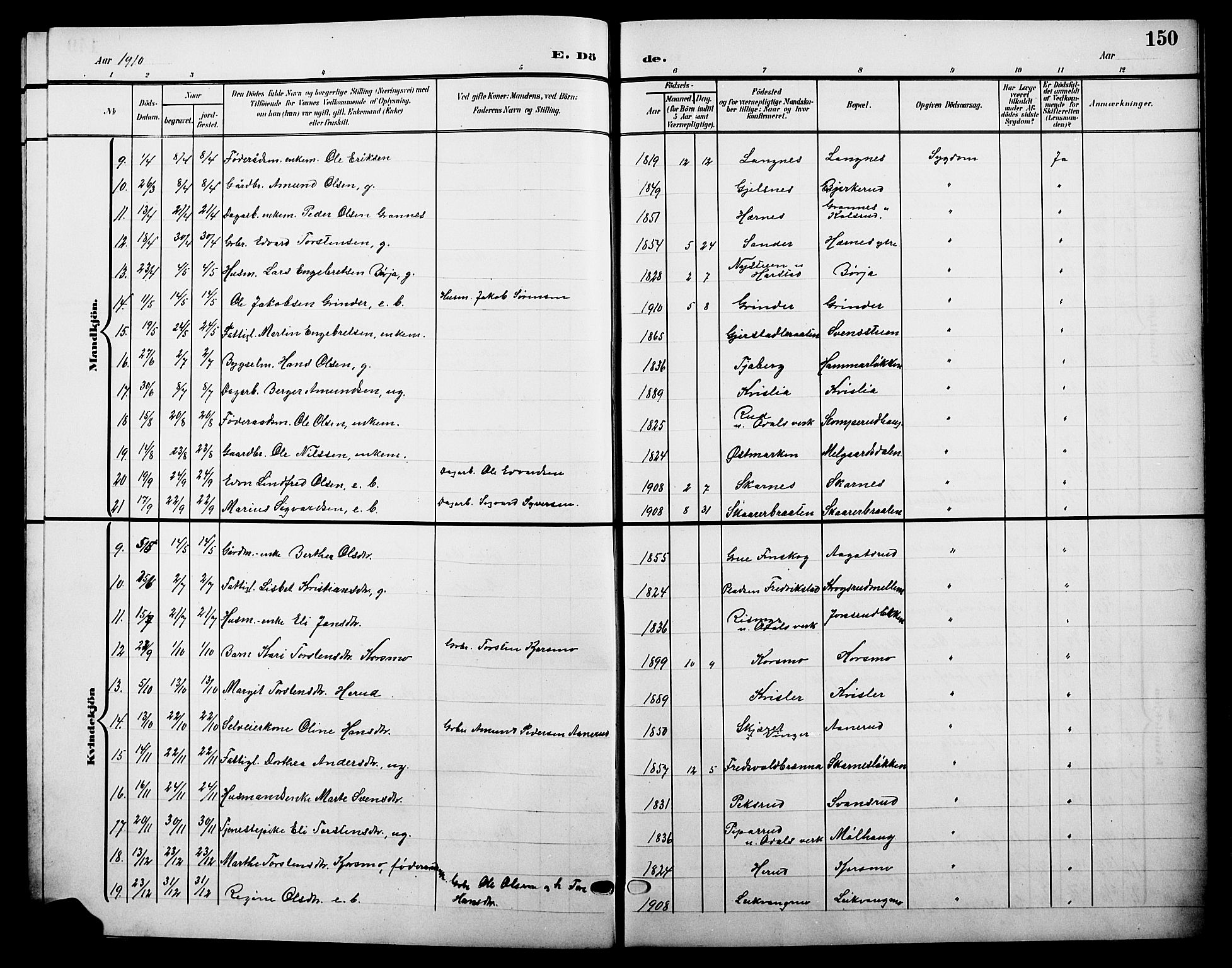 Sør-Odal prestekontor, AV/SAH-PREST-030/H/Ha/Hab/L0005: Klokkerbok nr. 5, 1903-1915, s. 150