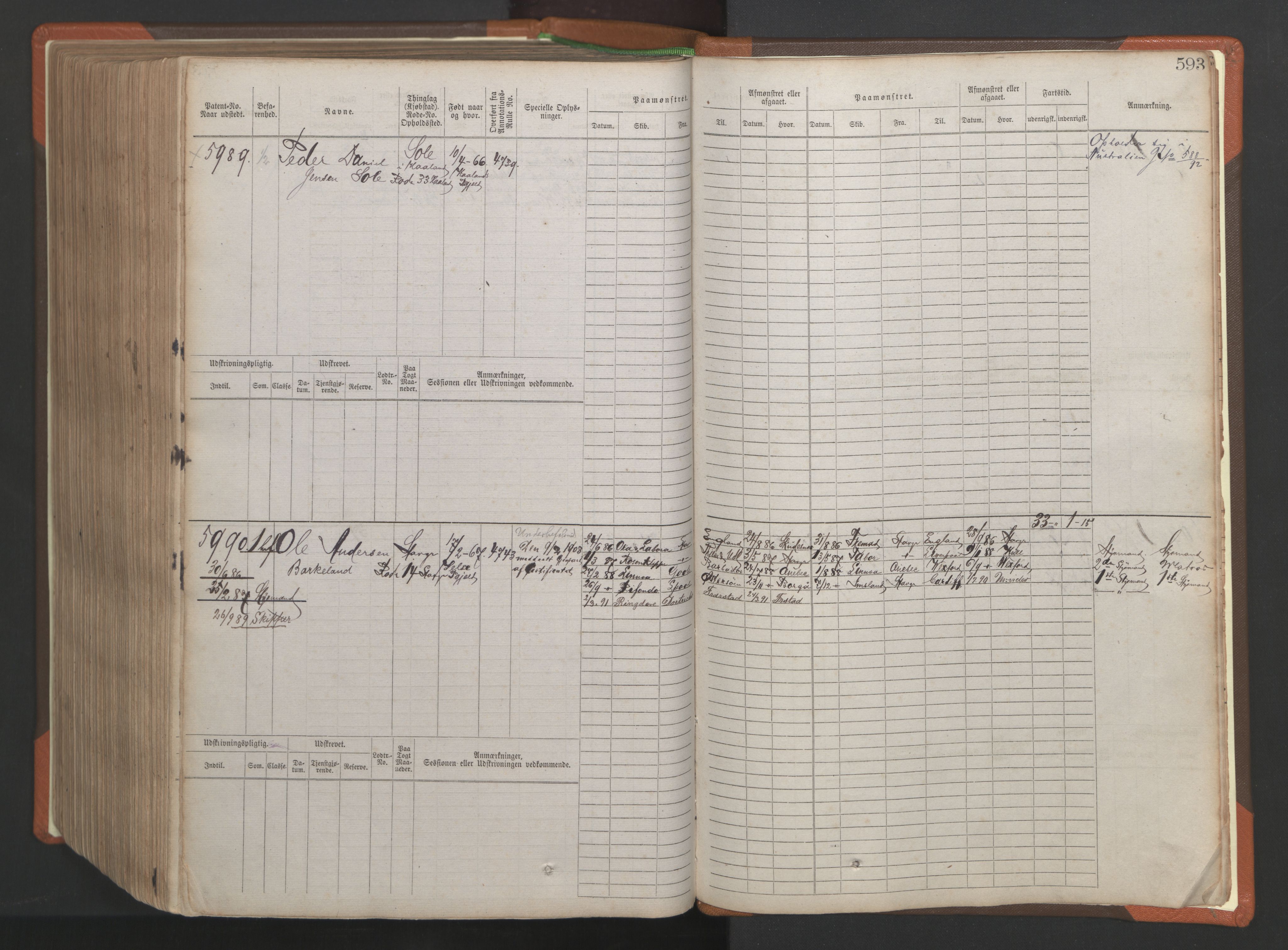 Stavanger sjømannskontor, AV/SAST-A-102006/F/Fb/Fbb/L0009: Sjøfartshovedrulle, patentnr. 4805-6006, 1879-1887, s. 600