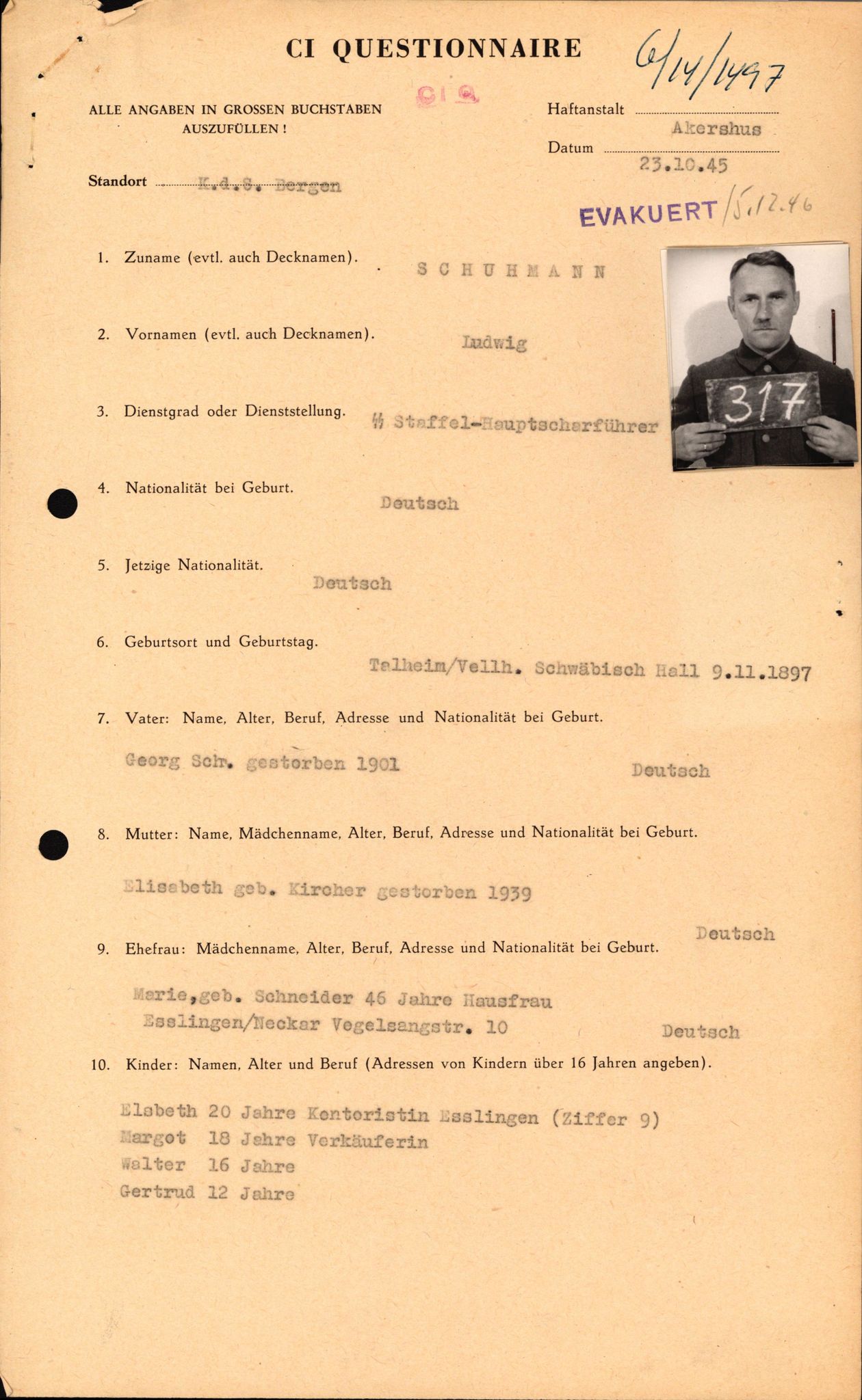 Forsvaret, Forsvarets overkommando II, AV/RA-RAFA-3915/D/Db/L0030: CI Questionaires. Tyske okkupasjonsstyrker i Norge. Tyskere., 1945-1946, s. 471