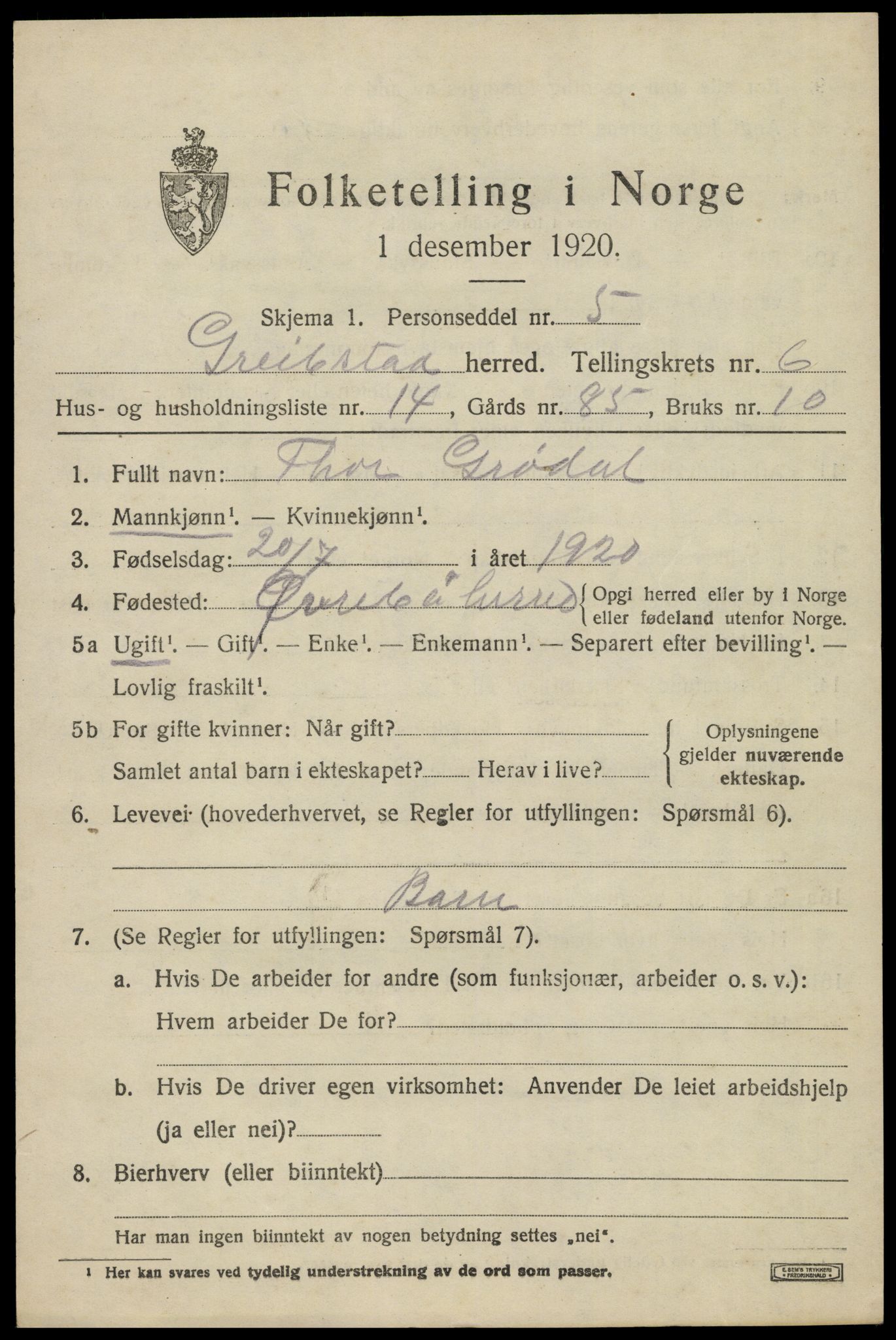 SAK, Folketelling 1920 for 1017 Greipstad herred, 1920, s. 2054