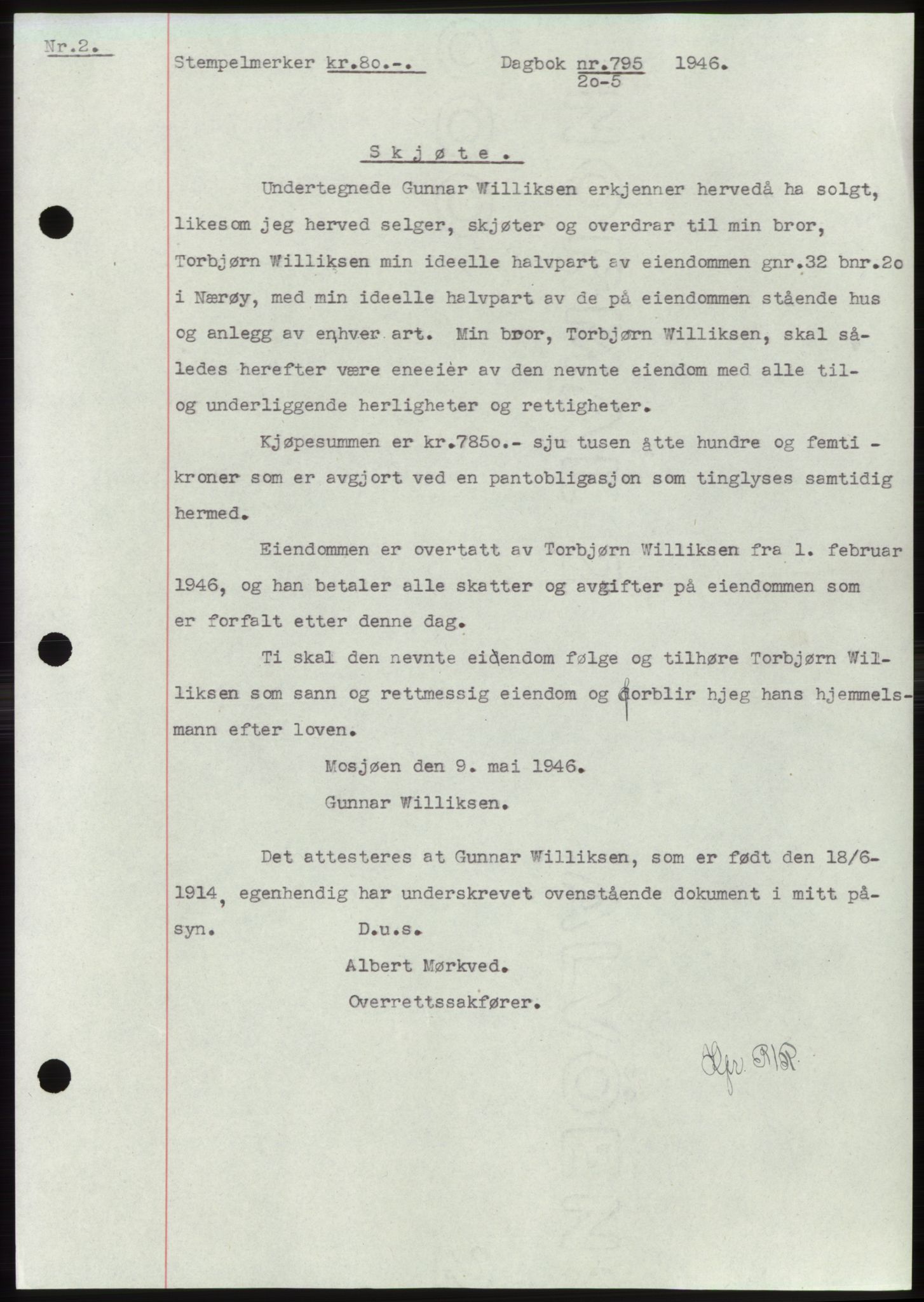 Namdal sorenskriveri, SAT/A-4133/1/2/2C: Pantebok nr. -, 1946-1946, Dagboknr: 795/1946