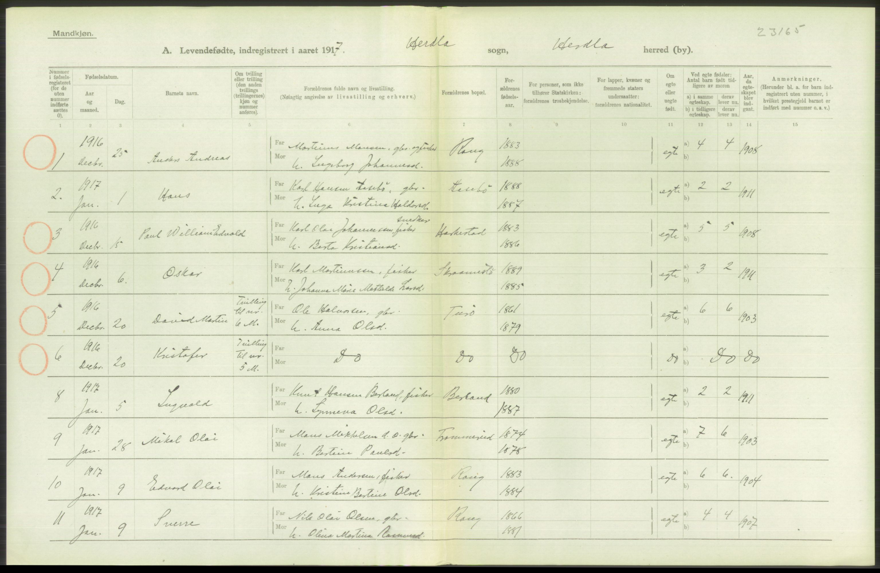 Statistisk sentralbyrå, Sosiodemografiske emner, Befolkning, RA/S-2228/D/Df/Dfb/Dfbg/L0034: S. Bergenhus amt: Levendefødte menn og kvinner. Bygder., 1917, s. 110