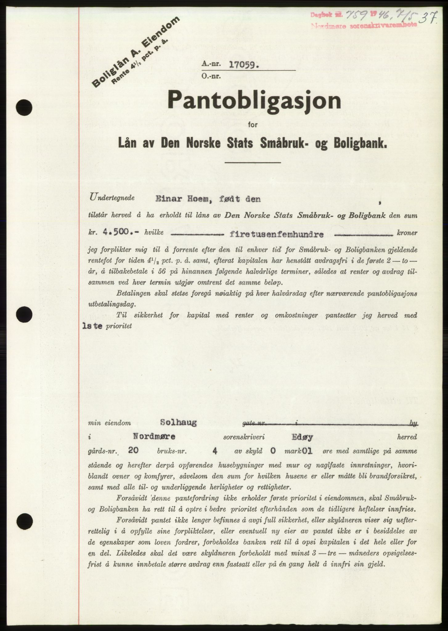 Nordmøre sorenskriveri, SAT/A-4132/1/2/2Ca: Pantebok nr. B94, 1946-1946, Dagboknr: 759/1946