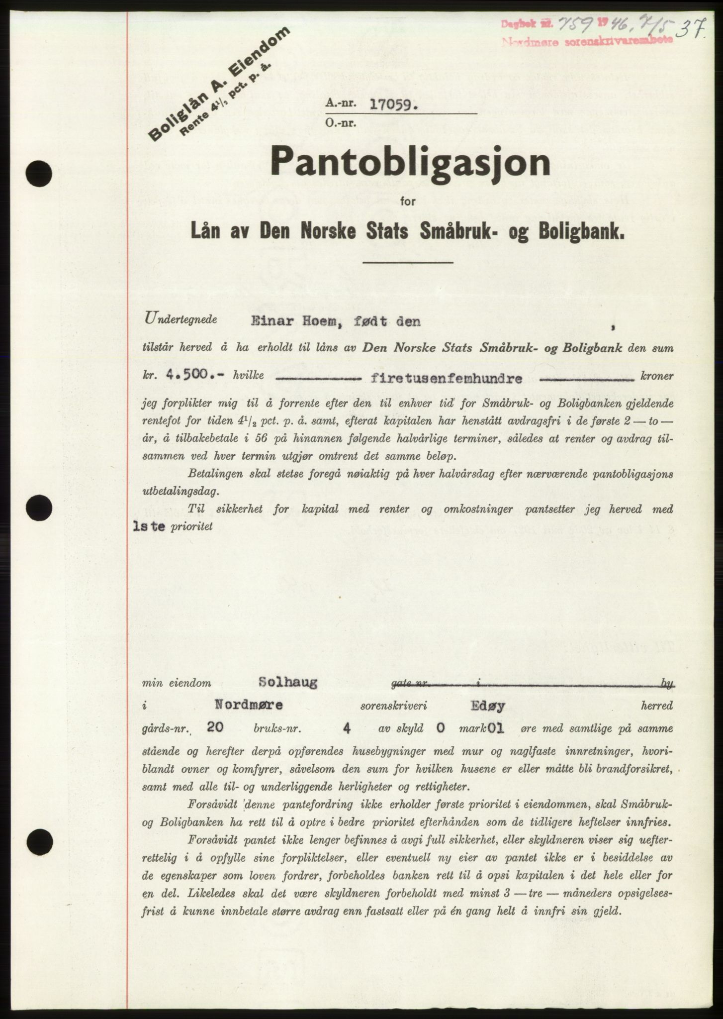 Nordmøre sorenskriveri, AV/SAT-A-4132/1/2/2Ca: Pantebok nr. B94, 1946-1946, Dagboknr: 759/1946