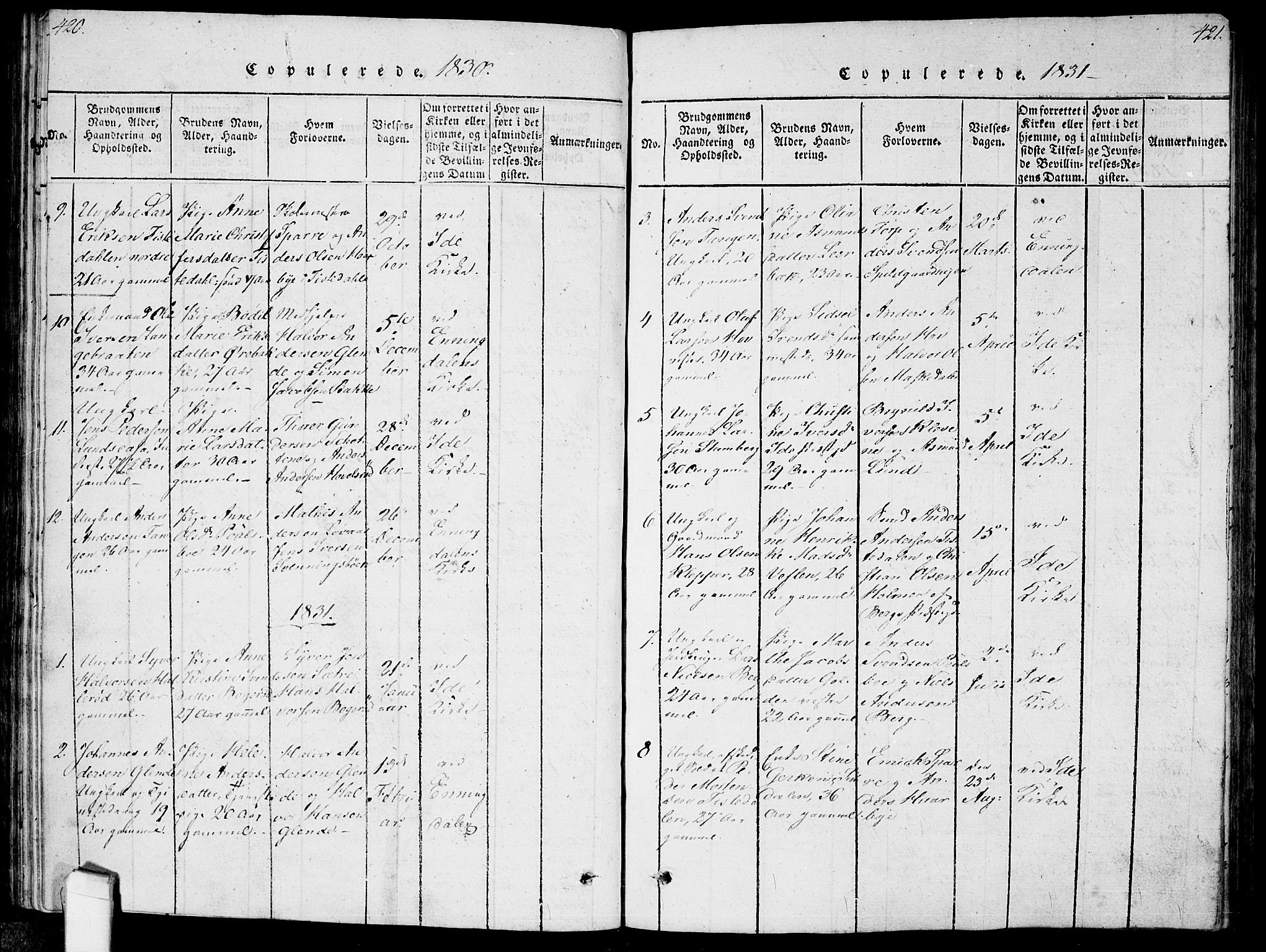 Idd prestekontor Kirkebøker, SAO/A-10911/F/Fc/L0002: Ministerialbok nr. III 2, 1815-1831, s. 420-421