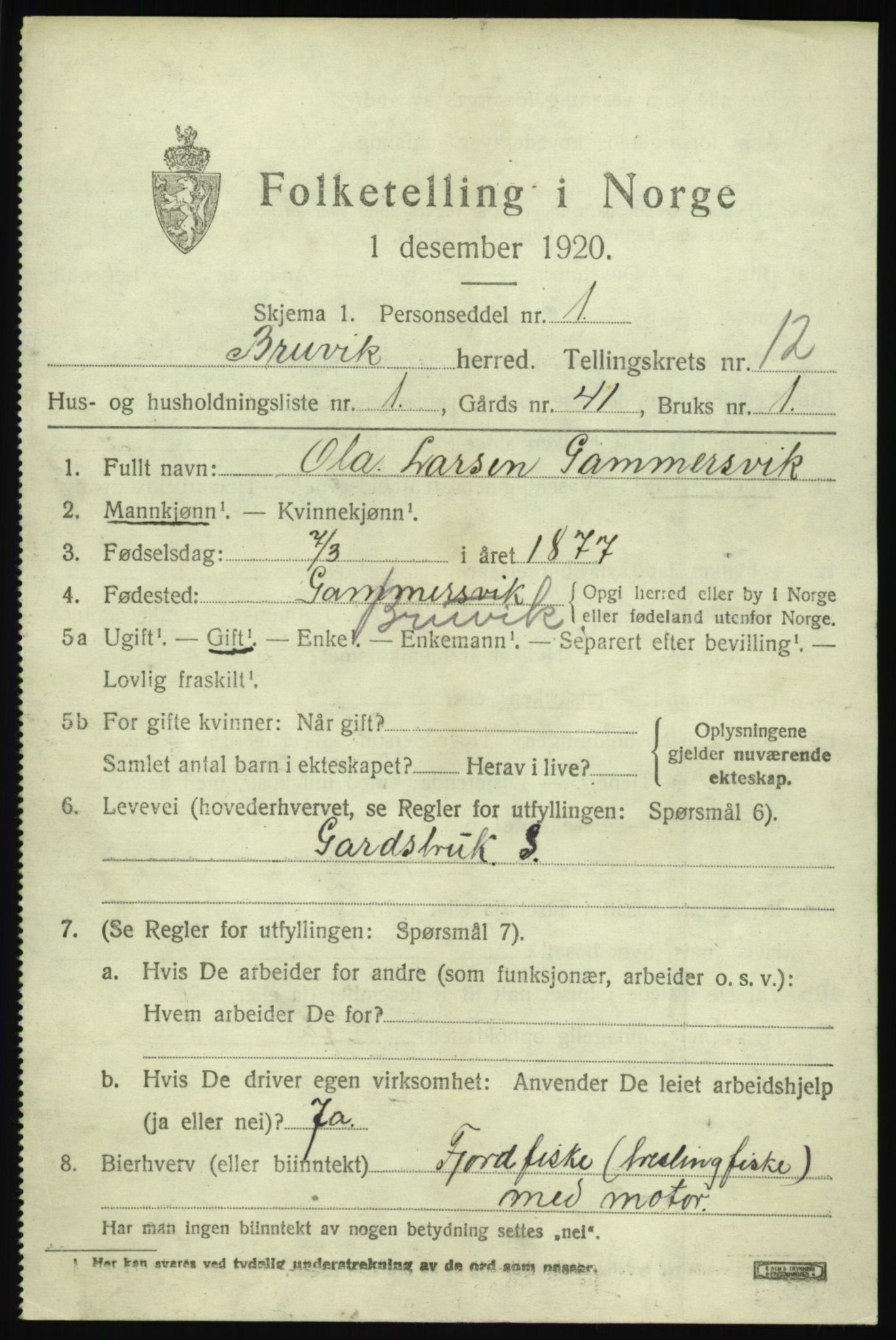 SAB, Folketelling 1920 for 1251 Bruvik herred, 1920, s. 7882