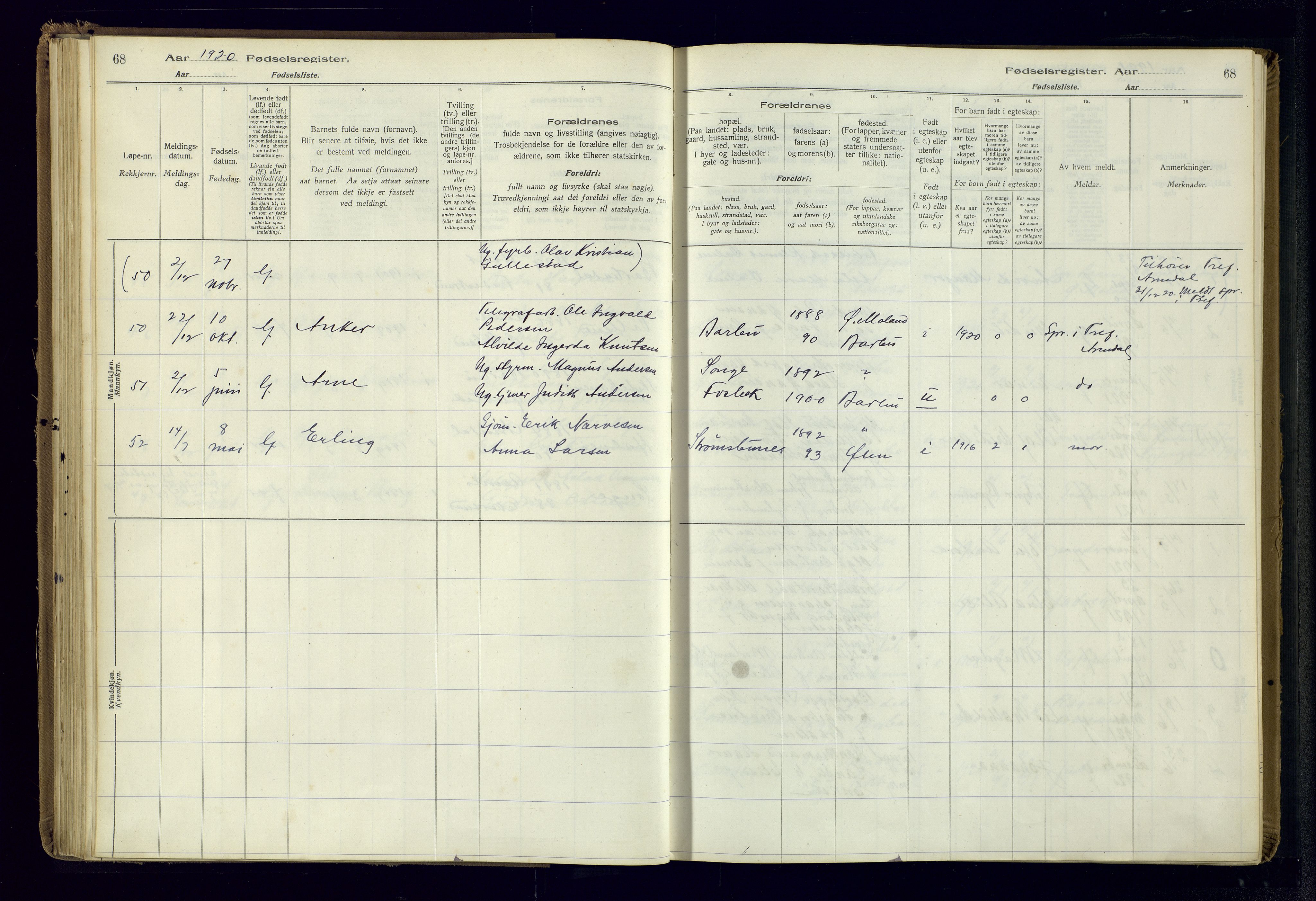 Barbu sokneprestkontor, SAK/1111-0003/J/Ja/L0001: Fødselsregister nr. A-VIII-1, 1916-1937, s. 68