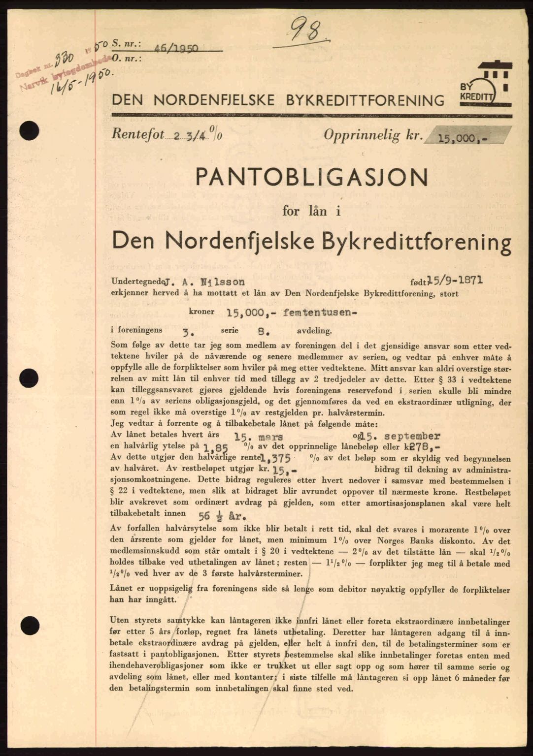 Narvik sorenskriveri, SAT/A-0002/1/2/2C/2Ca: Pantebok nr. A26, 1950-1950, Dagboknr: 330/1950