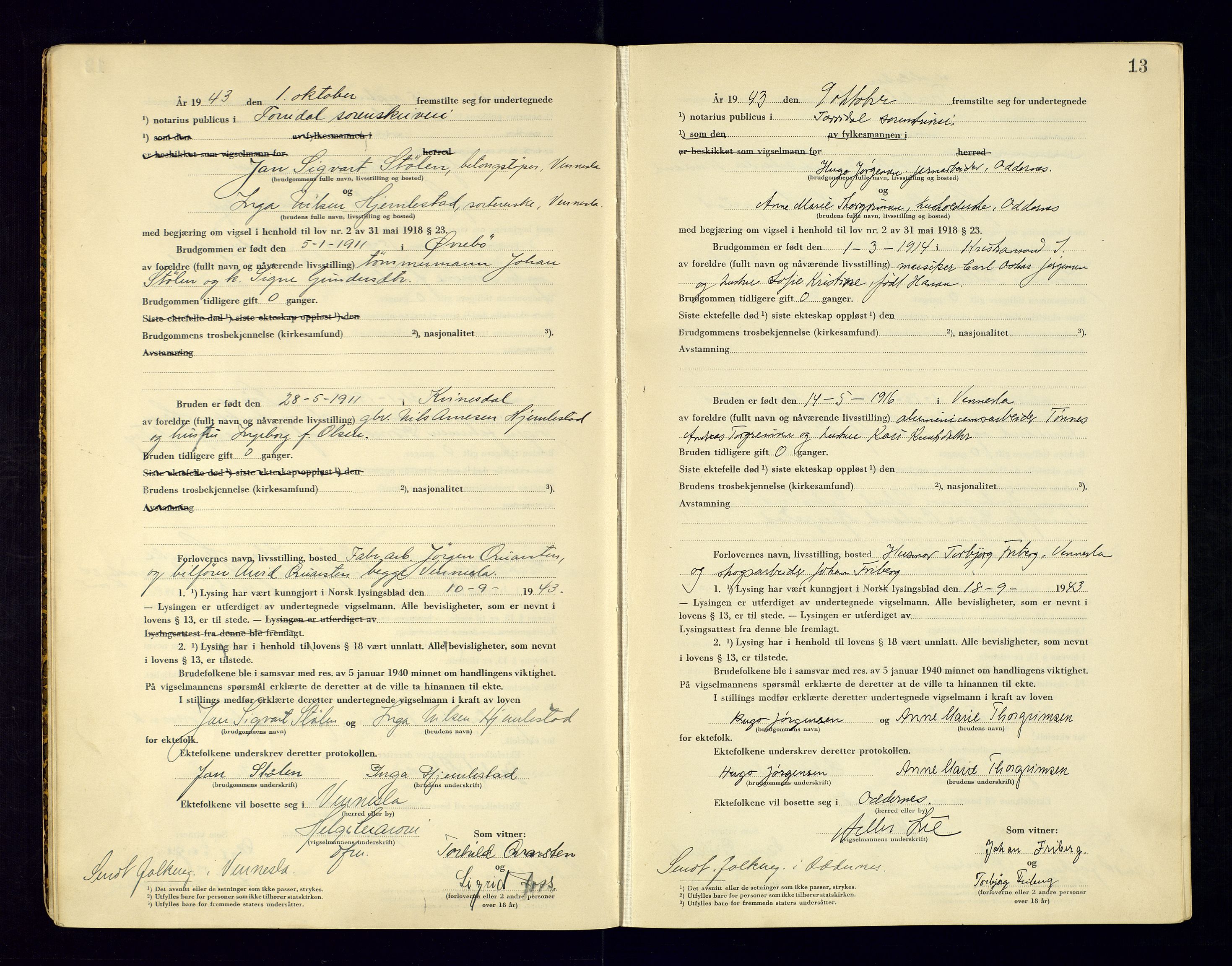 Torridal sorenskriveri, AV/SAK-1221-0012/L/Ld/L0004: Vigselbok nr. 2, 1943-1946, s. 13