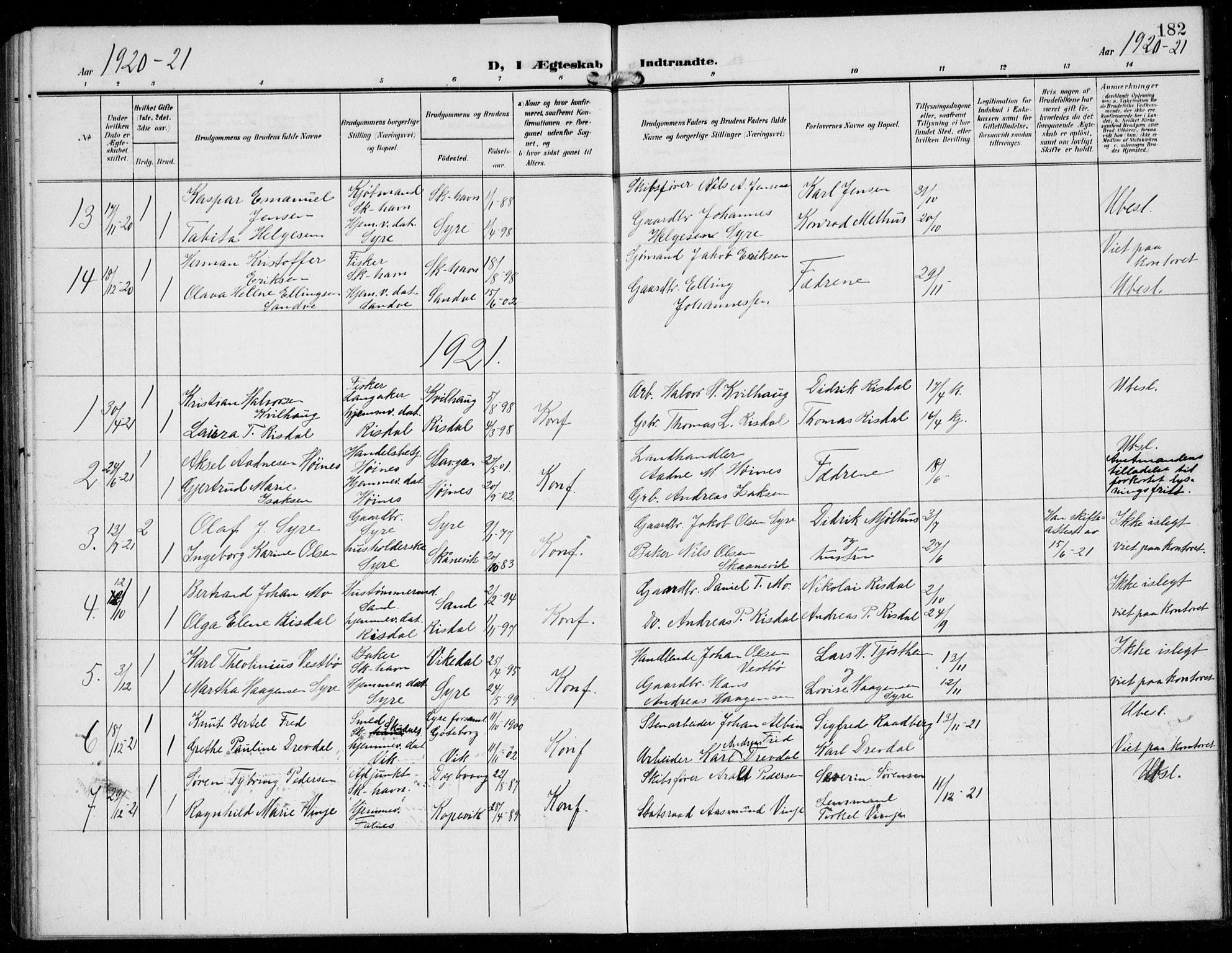 Skudenes sokneprestkontor, AV/SAST-A -101849/H/Ha/Hab/L0009: Klokkerbok nr. B 9, 1908-1936, s. 182