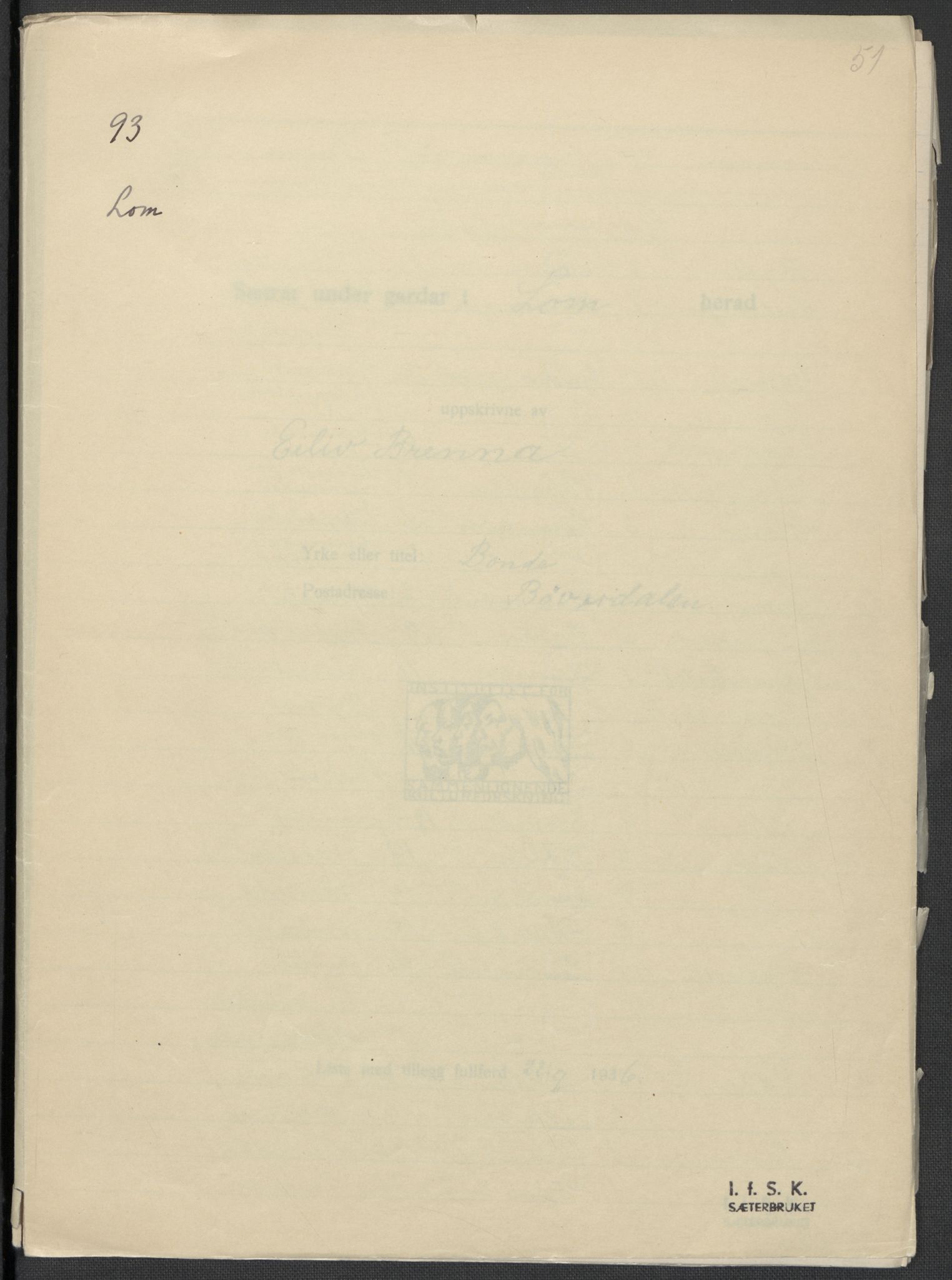 Instituttet for sammenlignende kulturforskning, RA/PA-0424/F/Fc/L0004/0001: Eske B4: / Oppland (perm VII), 1934-1936, s. 51