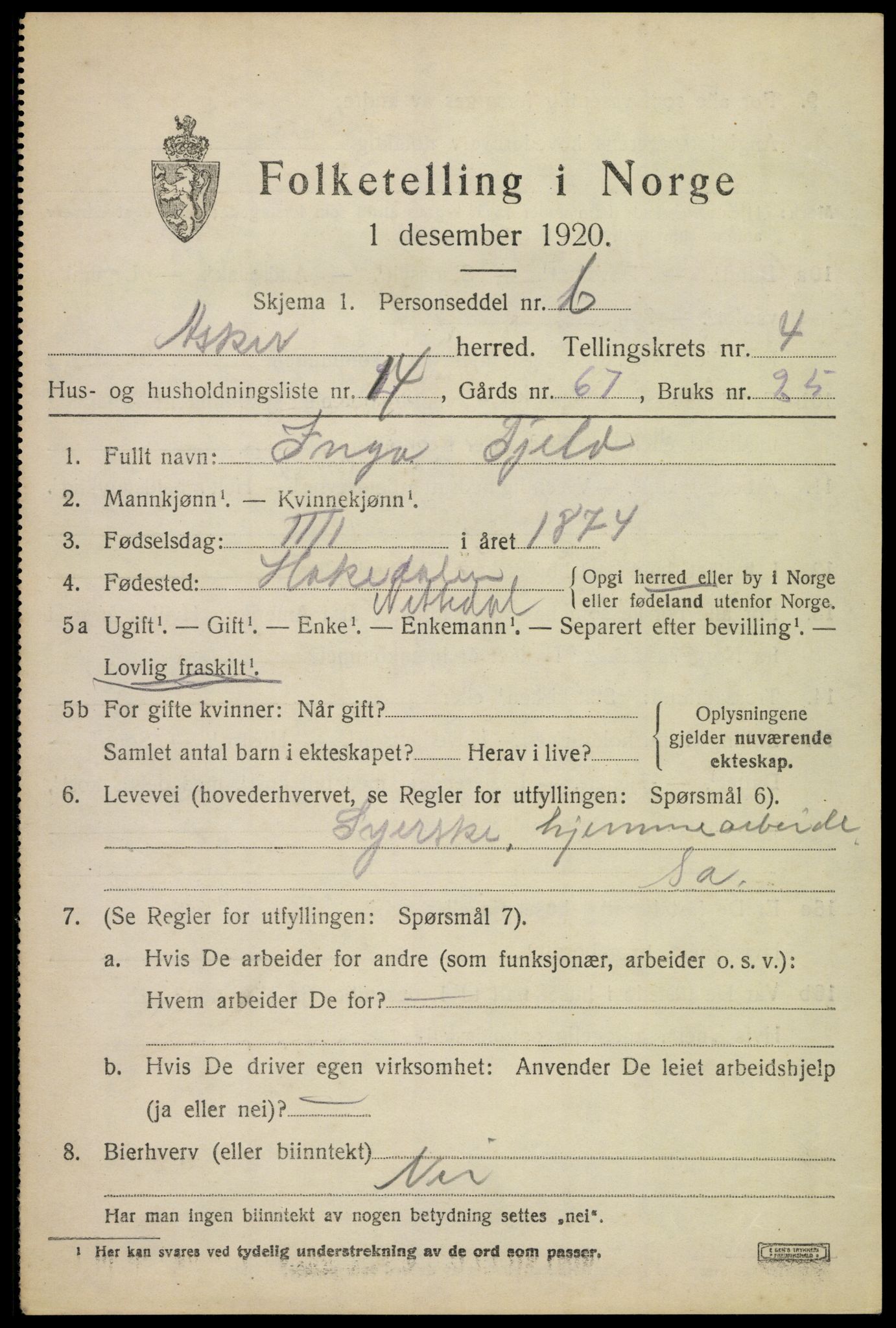 SAO, Folketelling 1920 for 0220 Asker herred, 1920, s. 10476