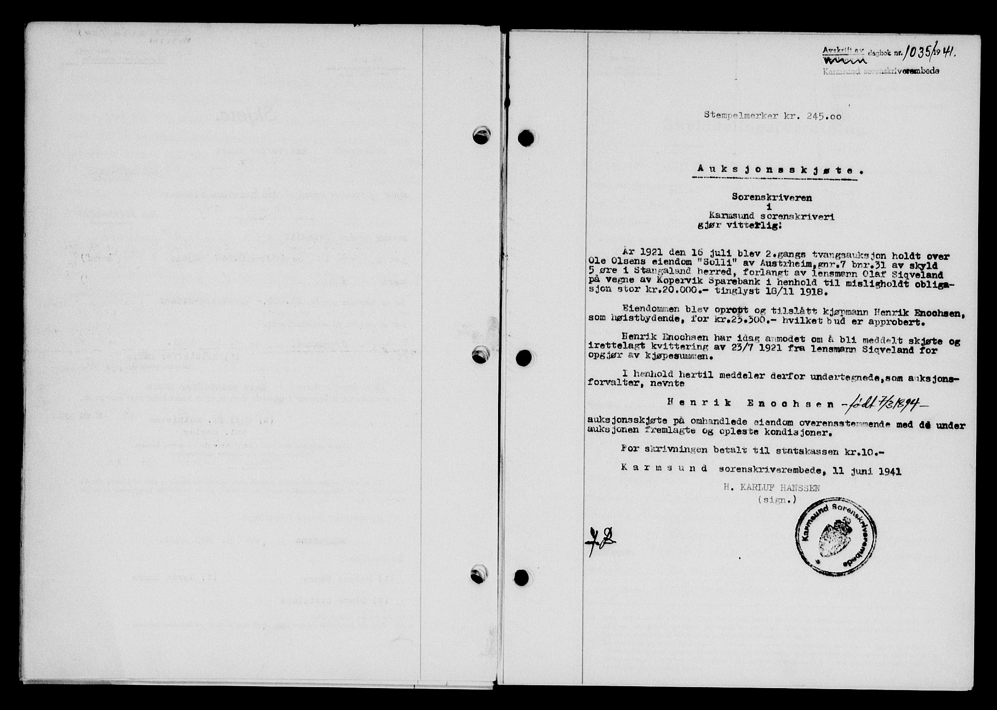 Karmsund sorenskriveri, SAST/A-100311/01/II/IIB/L0075: Pantebok nr. 56A, 1941-1941, Dagboknr: 1035/1941