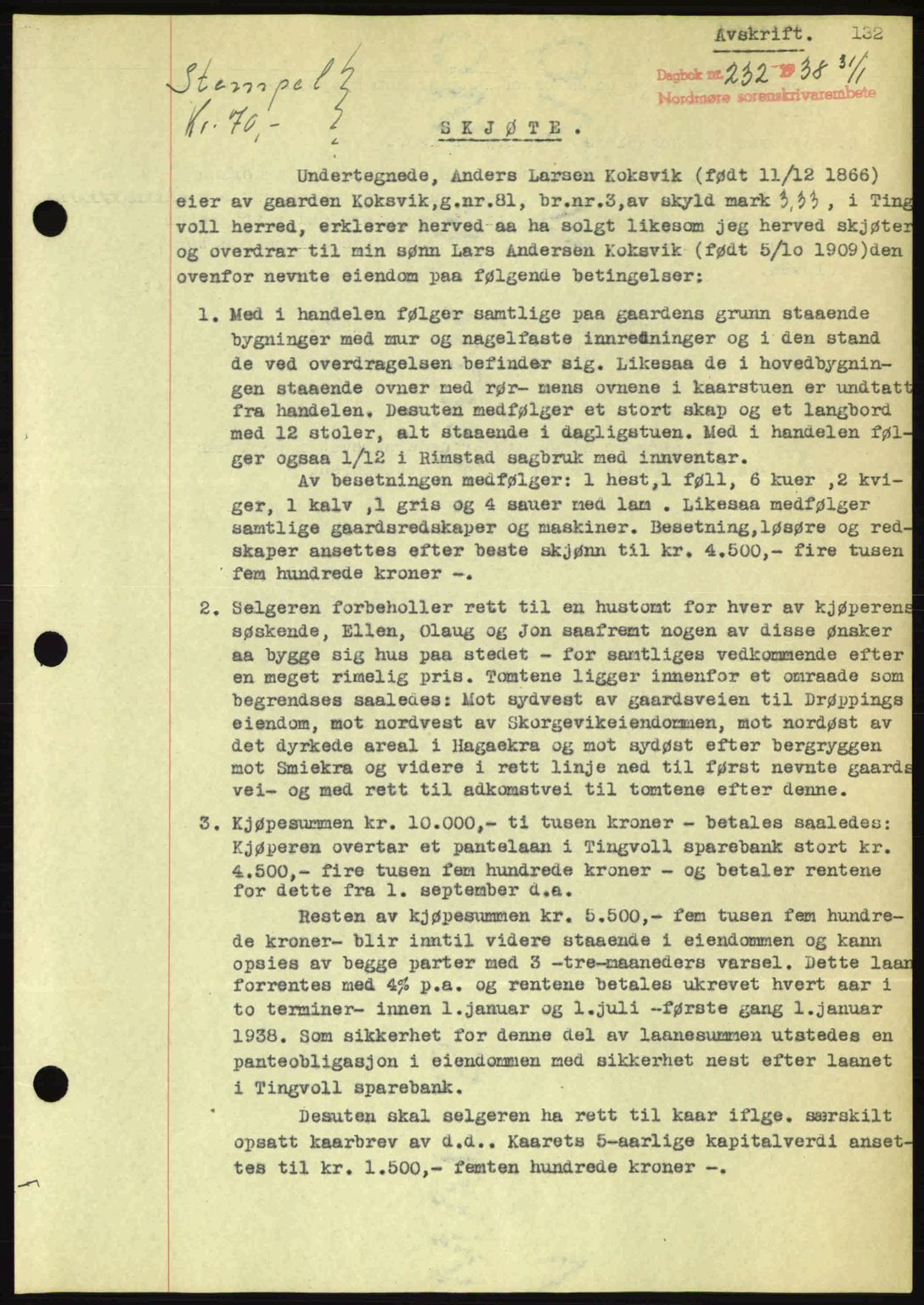 Nordmøre sorenskriveri, SAT/A-4132/1/2/2Ca: Pantebok nr. A83, 1938-1938, Dagboknr: 232/1938