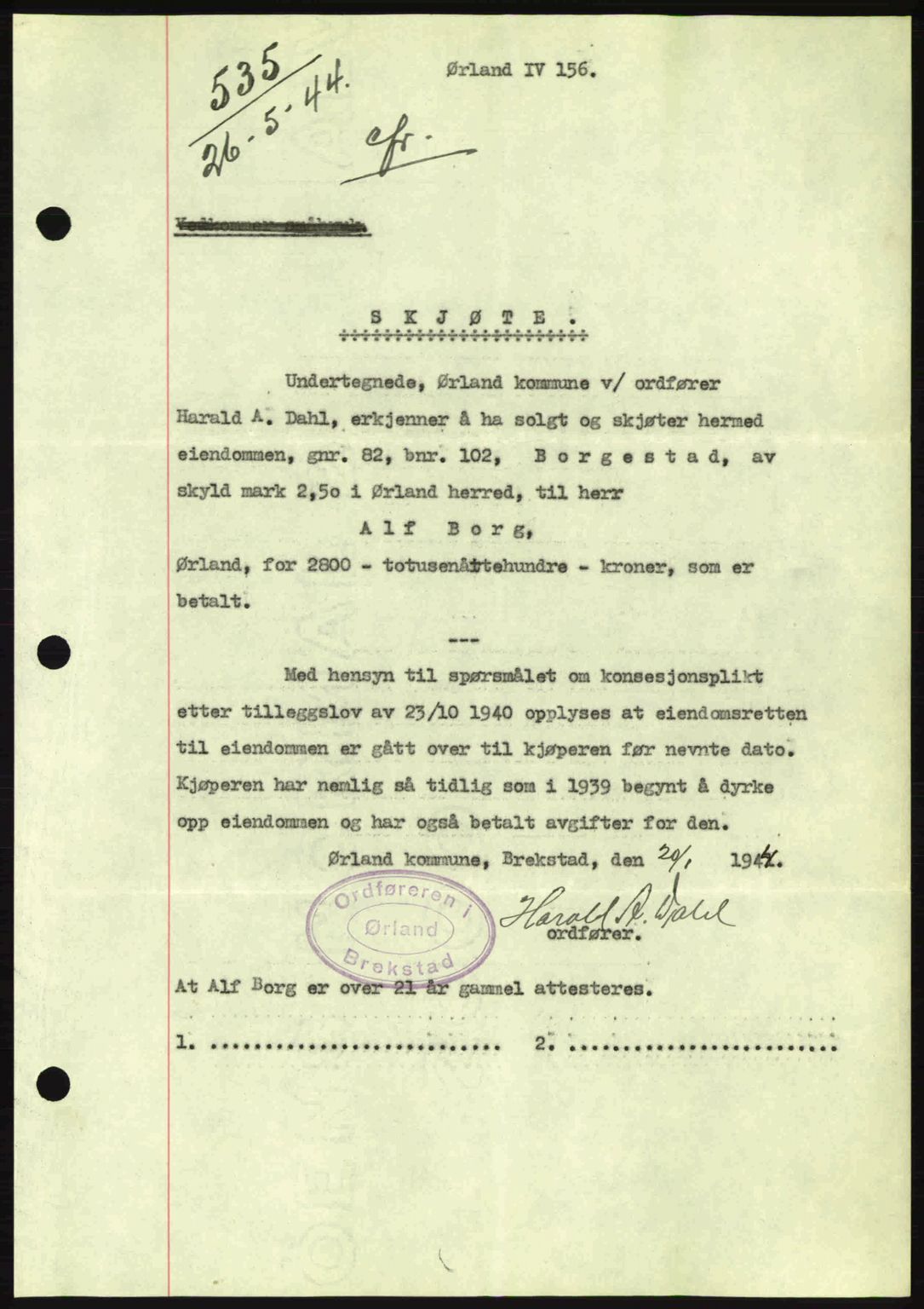 Fosen sorenskriveri, AV/SAT-A-1107/1/2/2C: Pantebok nr. A3, 1943-1945, Dagboknr: 535/1944