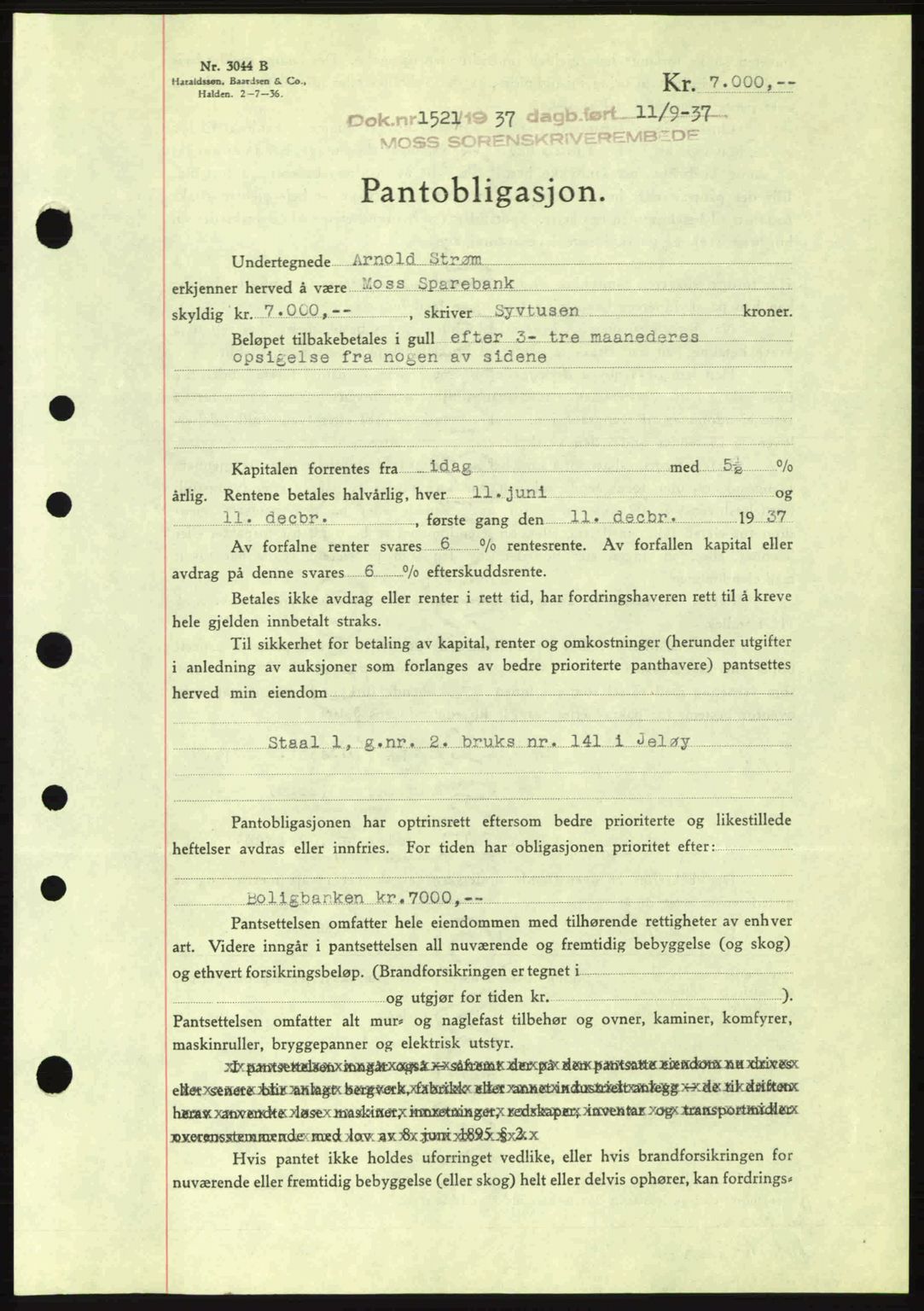 Moss sorenskriveri, SAO/A-10168: Pantebok nr. B4, 1937-1938, Dagboknr: 1521/1937