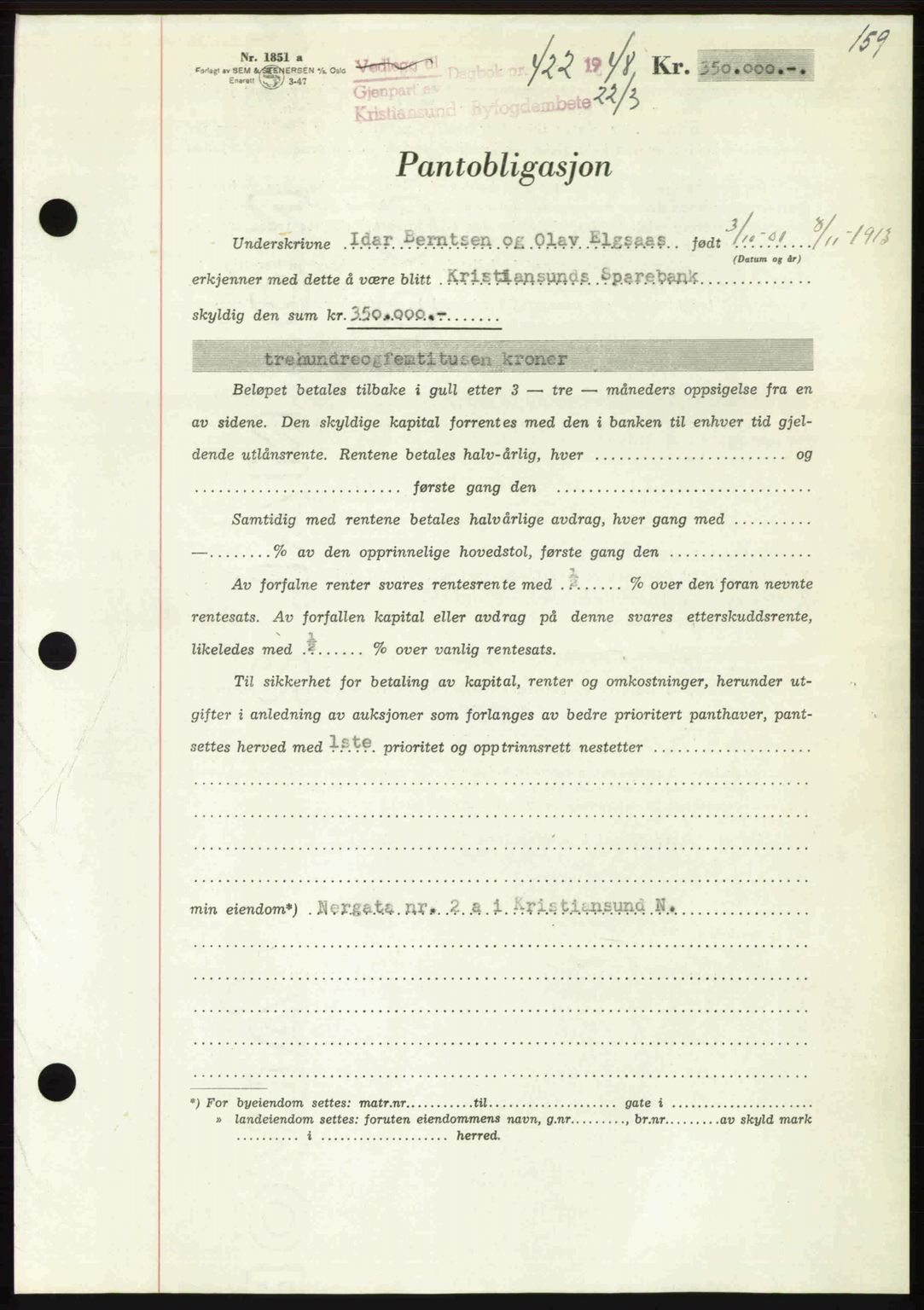 Kristiansund byfogd, AV/SAT-A-4587/A/27: Pantebok nr. 44, 1947-1948, Dagboknr: 422/1948