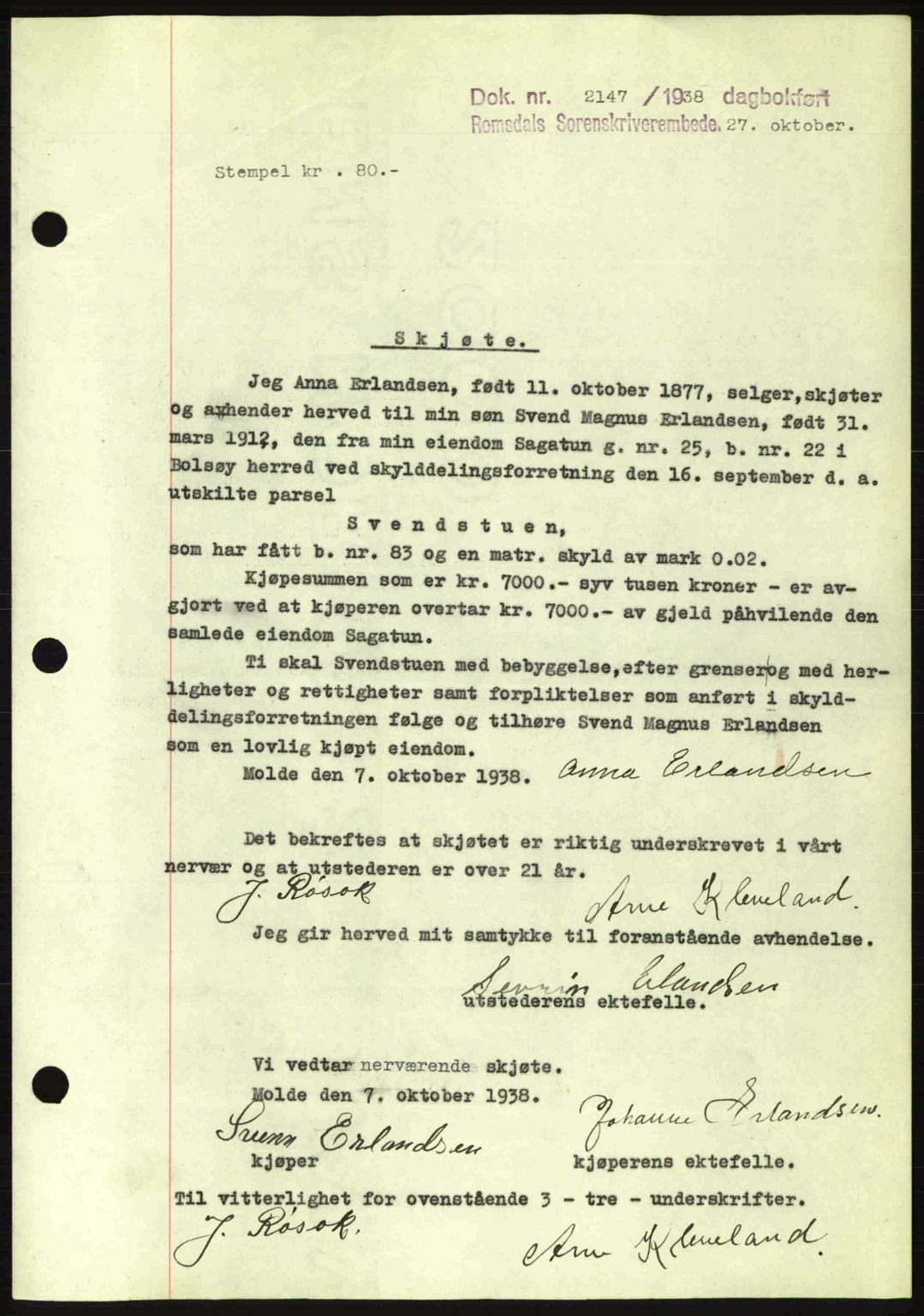 Romsdal sorenskriveri, SAT/A-4149/1/2/2C: Pantebok nr. A5, 1938-1938, Dagboknr: 2147/1938
