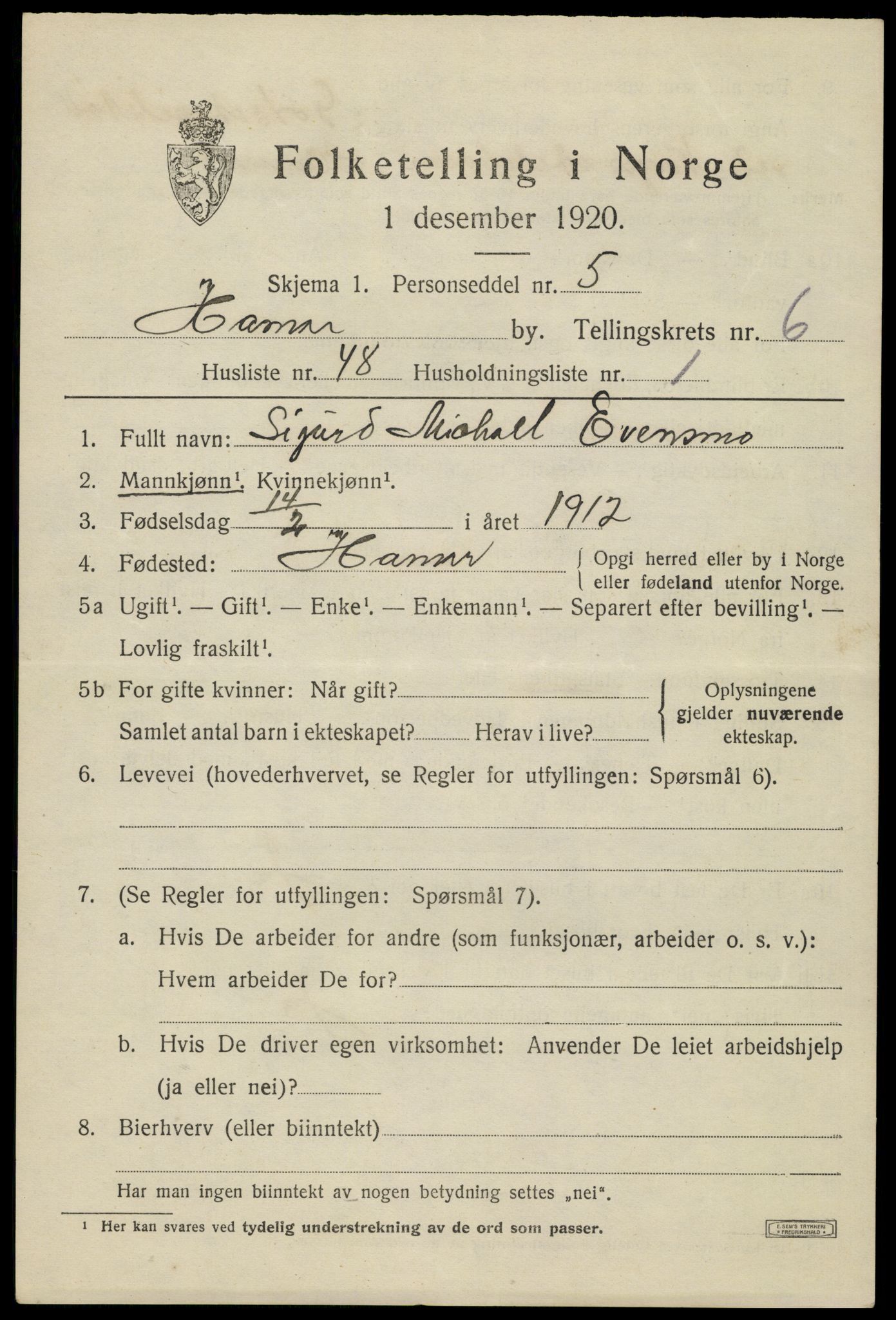 SAH, Folketelling 1920 for 0401 Hamar kjøpstad, 1920, s. 12187