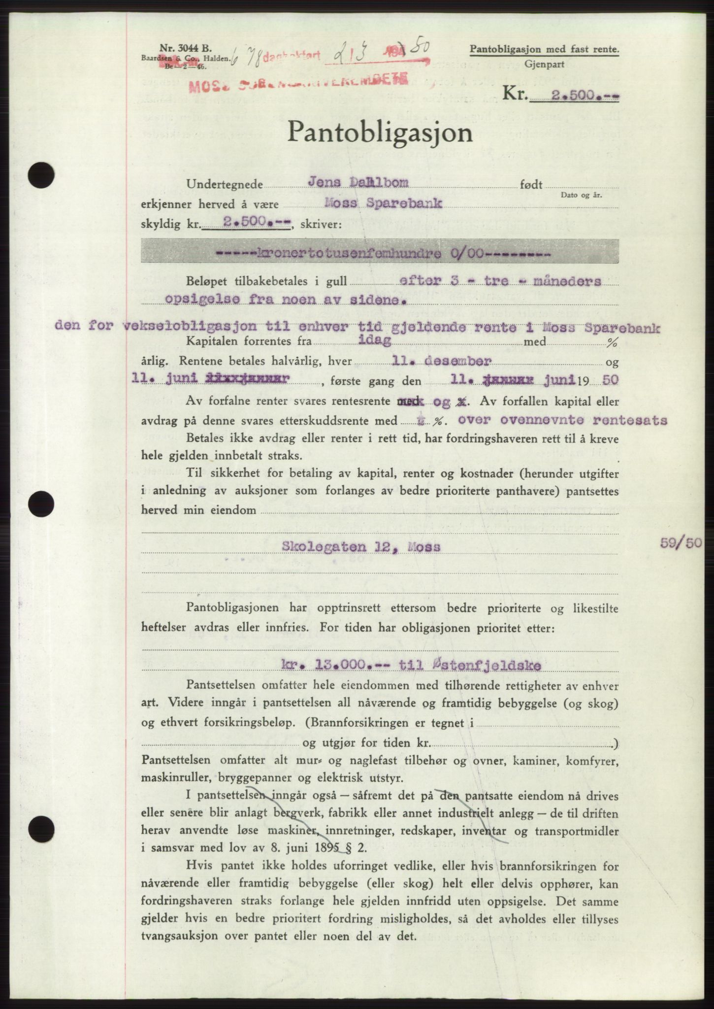 Moss sorenskriveri, SAO/A-10168: Pantebok nr. B23, 1949-1950, Dagboknr: 678/1950