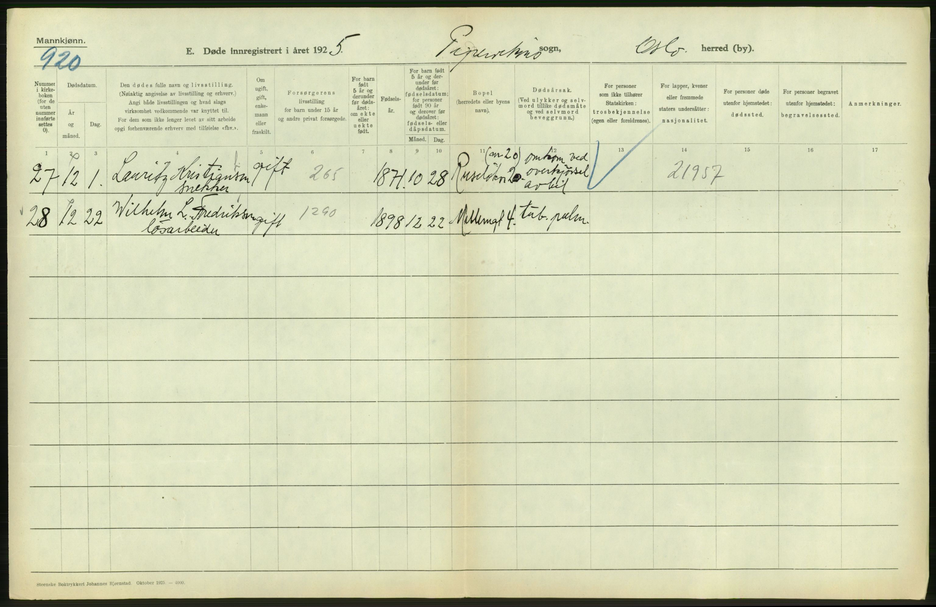 Statistisk sentralbyrå, Sosiodemografiske emner, Befolkning, AV/RA-S-2228/D/Df/Dfc/Dfce/L0009: Oslo: Døde menn, 1925, s. 472