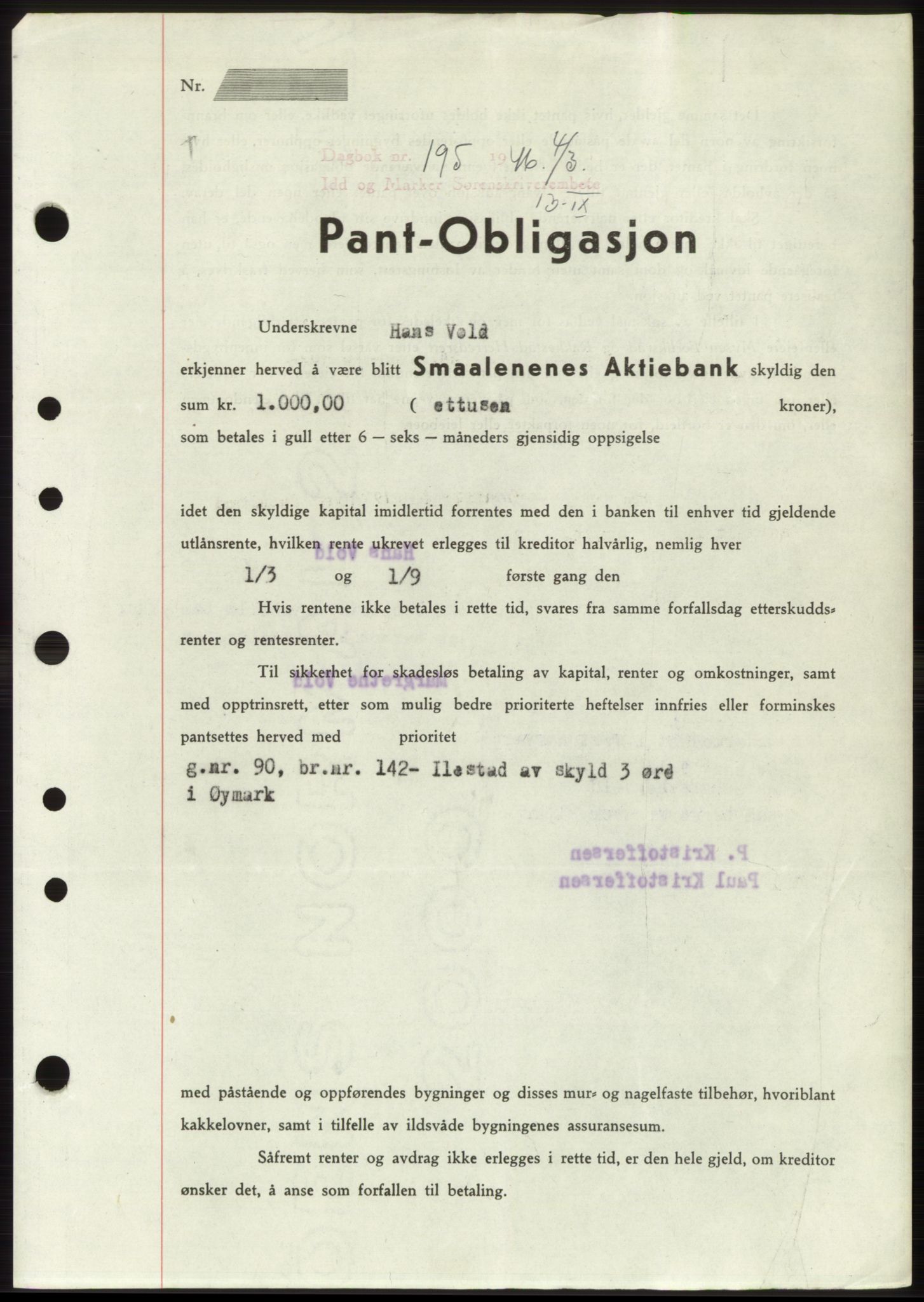 Idd og Marker sorenskriveri, SAO/A-10283/G/Gb/Gbc/L0003: Pantebok nr. B4-9b, 1946-1946, Tingl.dato: 04.03.1946