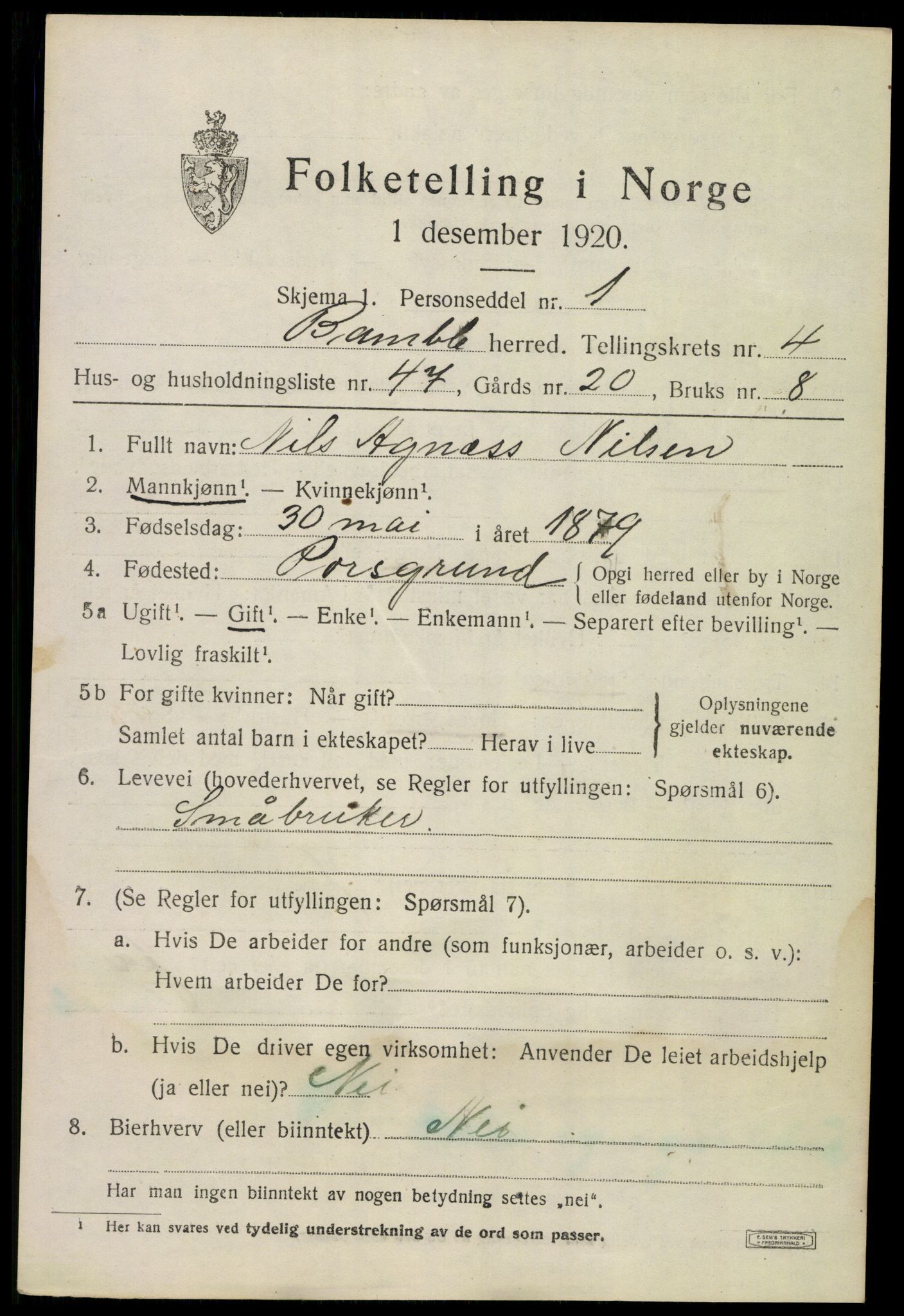 SAKO, Folketelling 1920 for 0814 Bamble herred, 1920, s. 4953
