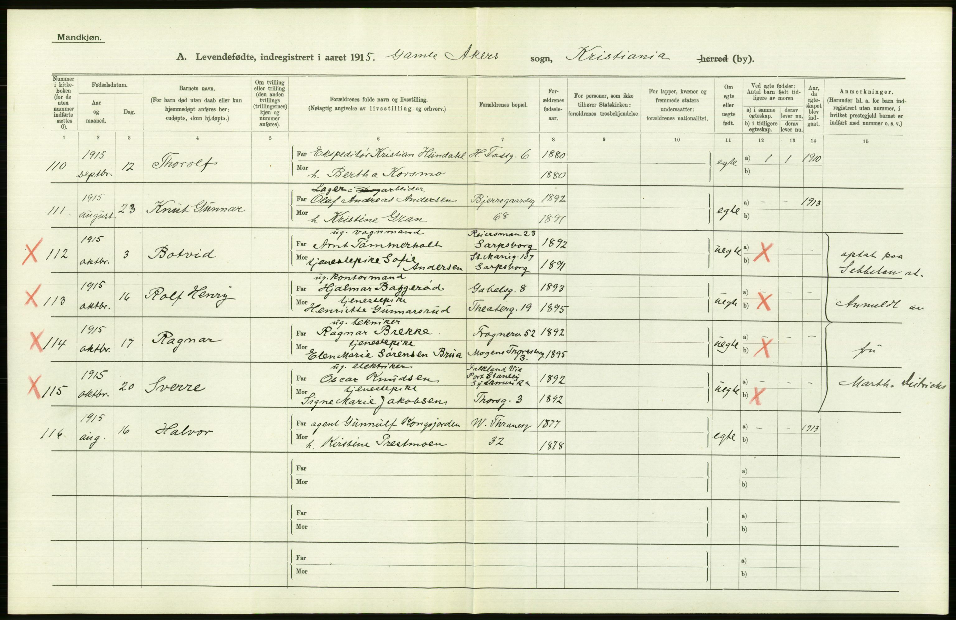 Statistisk sentralbyrå, Sosiodemografiske emner, Befolkning, AV/RA-S-2228/D/Df/Dfb/Dfbe/L0007: Kristiania: Levendefødte menn og kvinner., 1915, s. 316