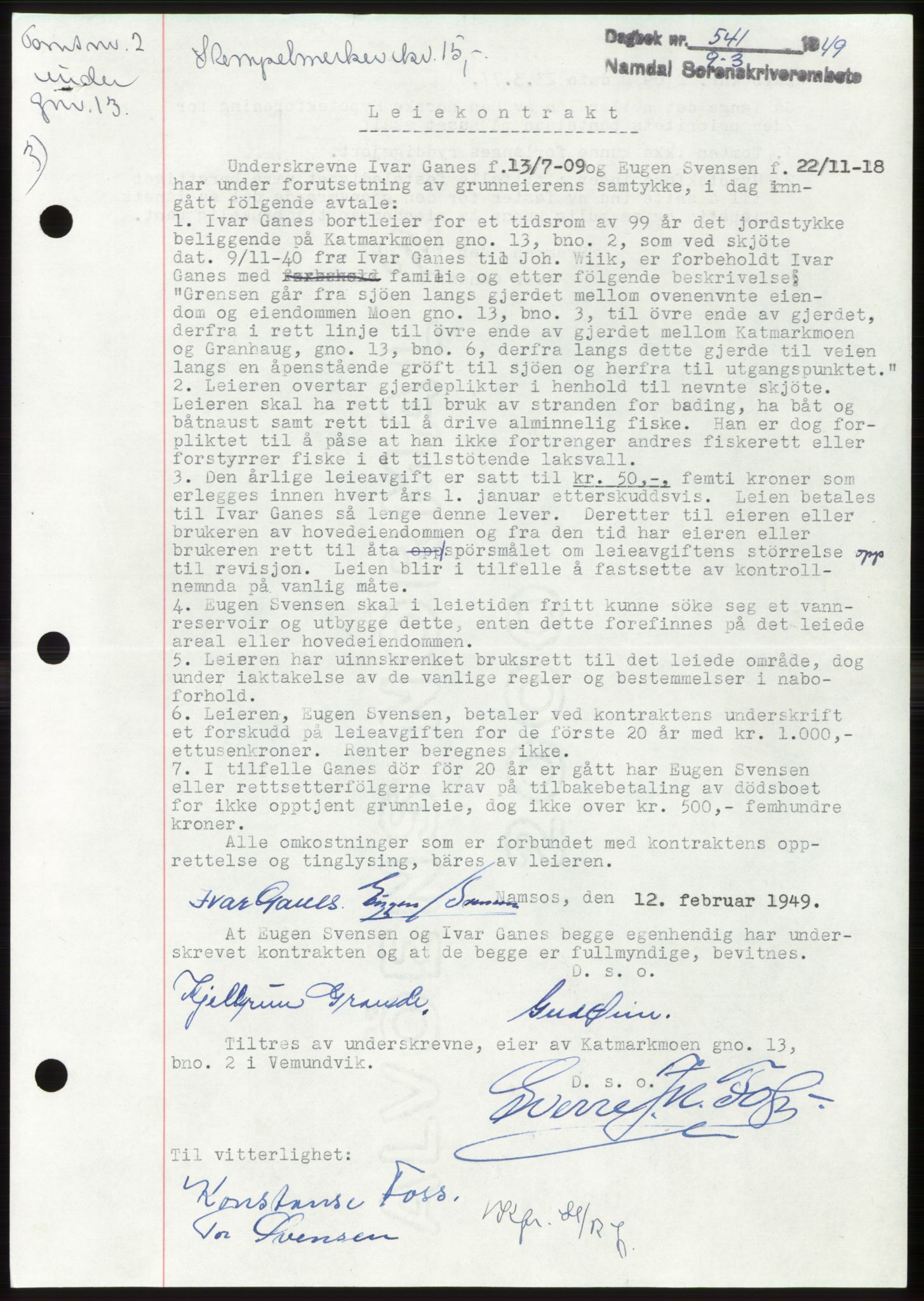 Namdal sorenskriveri, SAT/A-4133/1/2/2C: Pantebok nr. -, 1949-1949, Dagboknr: 541/1949