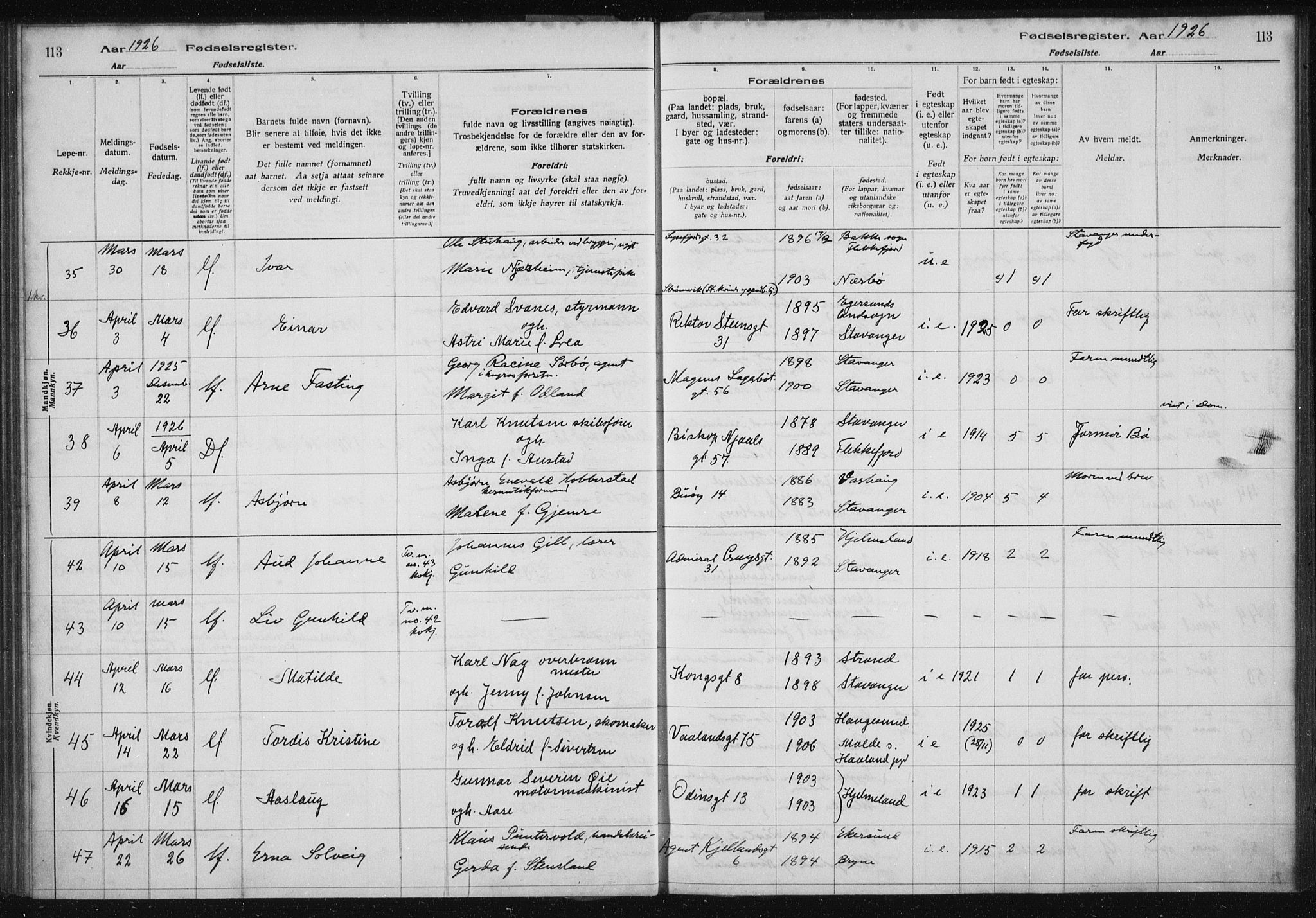 St. Petri sokneprestkontor, AV/SAST-A-101813/002/A/L0002: Fødselsregister nr. 2, 1922-1929, s. 113