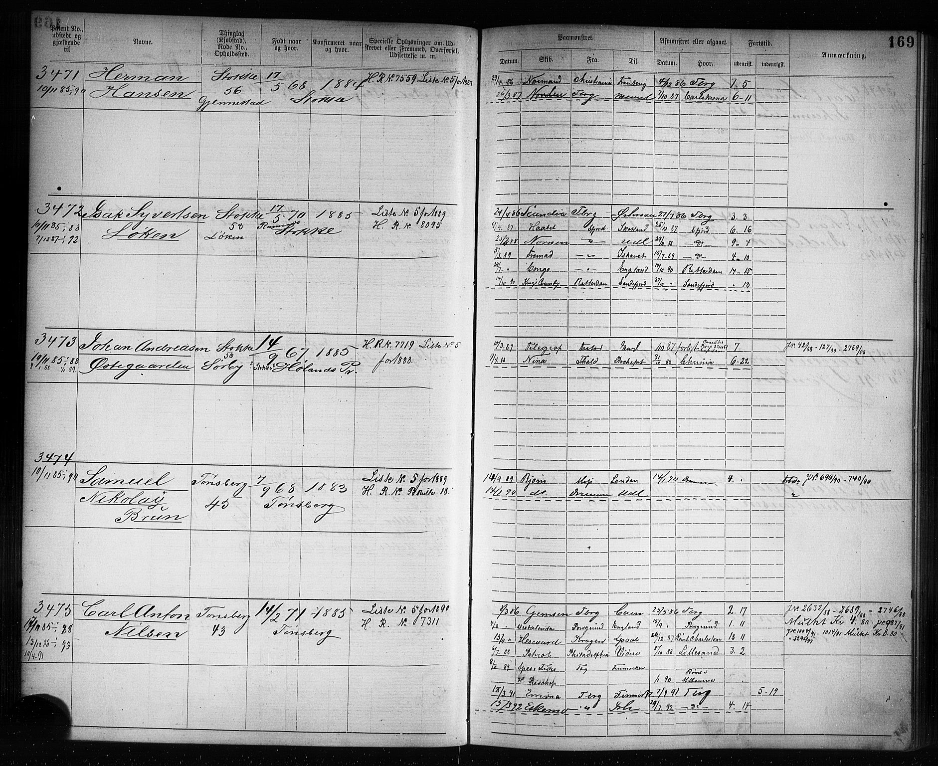 Tønsberg innrulleringskontor, AV/SAKO-A-786/F/Fb/L0007: Annotasjonsrulle Patent nr. 2636-5150, 1881-1892, s. 170