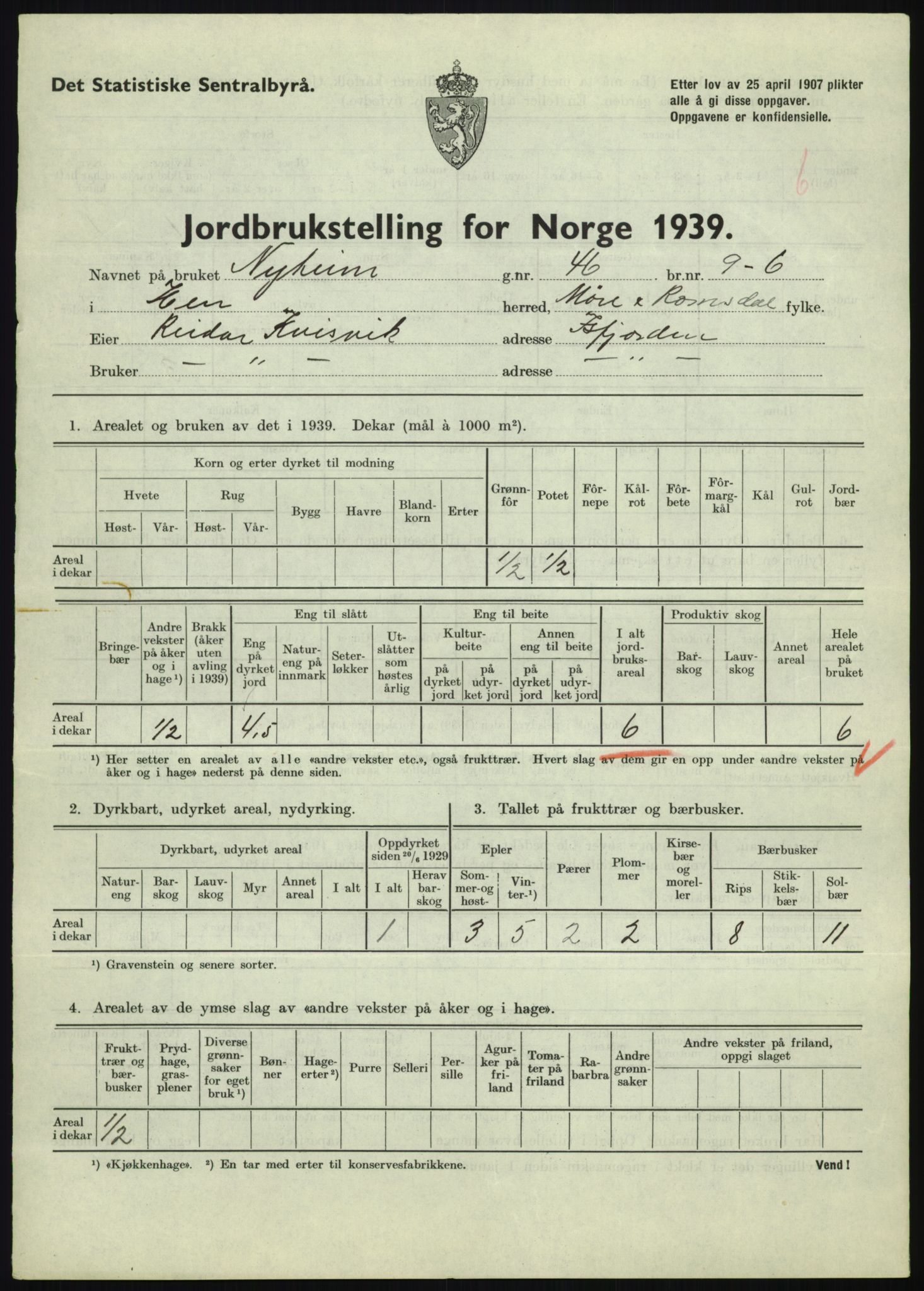 Statistisk sentralbyrå, Næringsøkonomiske emner, Jordbruk, skogbruk, jakt, fiske og fangst, AV/RA-S-2234/G/Gb/L0251: Møre og Romsdal: Voll, Eid, Grytten og Hen, 1939, s. 1081