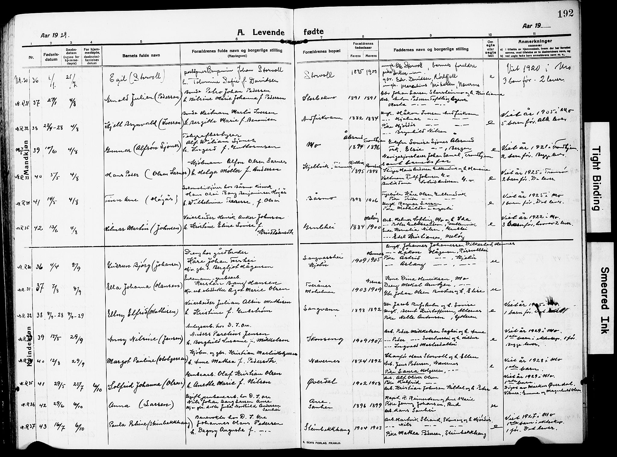 Ministerialprotokoller, klokkerbøker og fødselsregistre - Nordland, AV/SAT-A-1459/827/L0423: Klokkerbok nr. 827C12, 1912-1930, s. 192