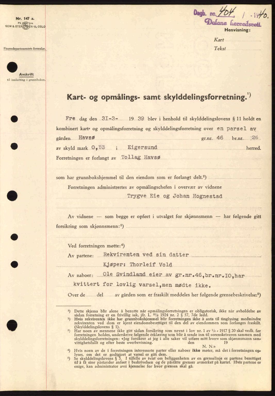 Dalane sorenskriveri, SAST/A-100309/02/G/Gb/L0044: Pantebok nr. A5, 1940-1941, Dagboknr: 404/1940