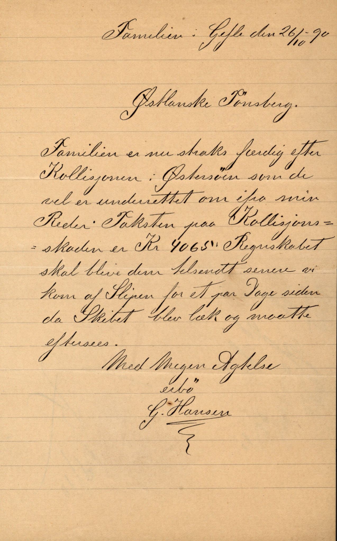 Pa 63 - Østlandske skibsassuranceforening, VEMU/A-1079/G/Ga/L0026/0009: Havaridokumenter / Rex, Resolve, Regulator, Familien, Falcon, Johanne, 1890, s. 48