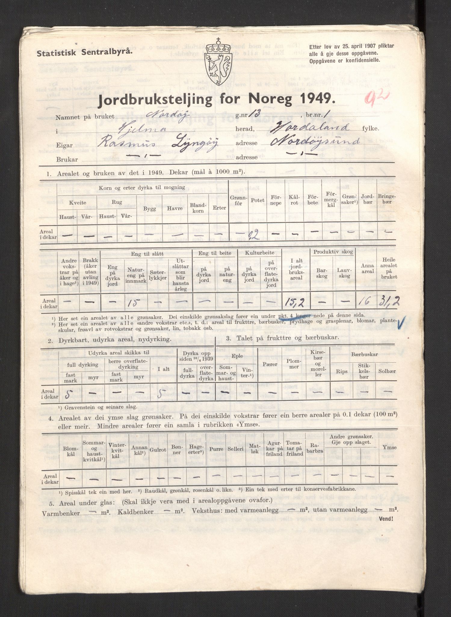 Statistisk sentralbyrå, Næringsøkonomiske emner, Jordbruk, skogbruk, jakt, fiske og fangst, AV/RA-S-2234/G/Gc/L0276: Hordaland: Herdla og Hjelme, 1949, s. 1198