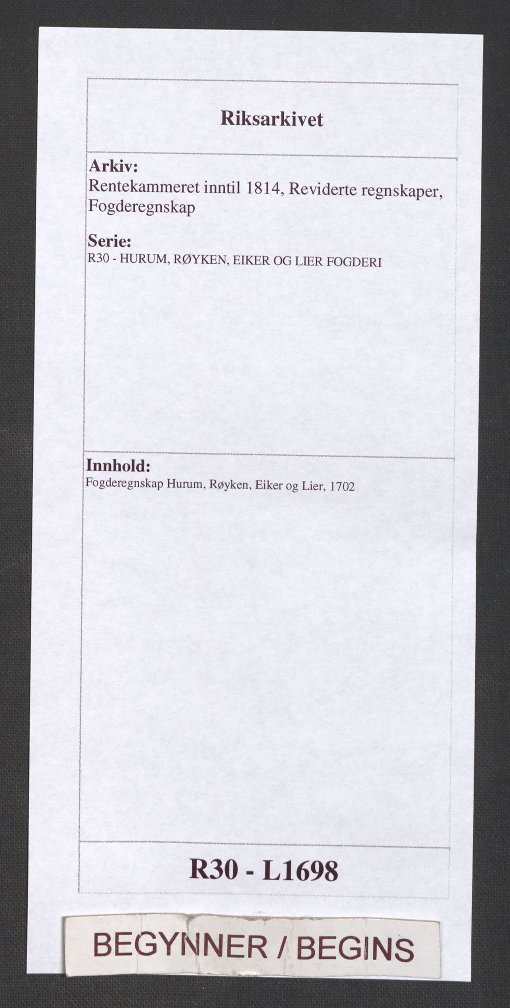 Rentekammeret inntil 1814, Reviderte regnskaper, Fogderegnskap, AV/RA-EA-4092/R30/L1698: Fogderegnskap Hurum, Røyken, Eiker og Lier, 1702, s. 1