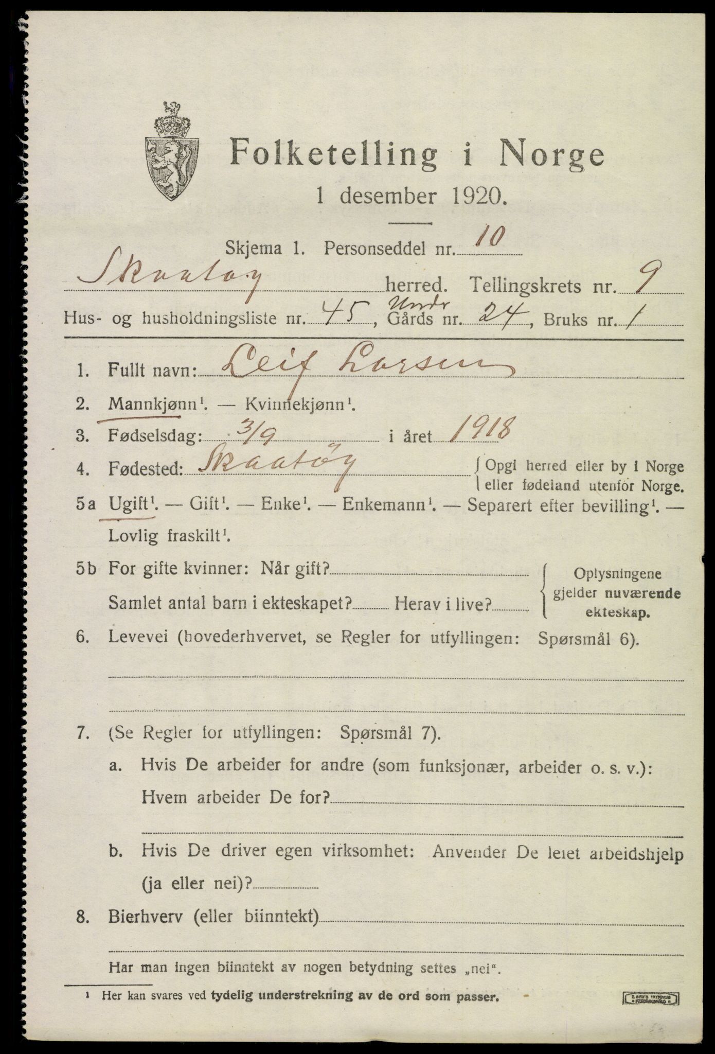 SAKO, Folketelling 1920 for 0815 Skåtøy herred, 1920, s. 7112